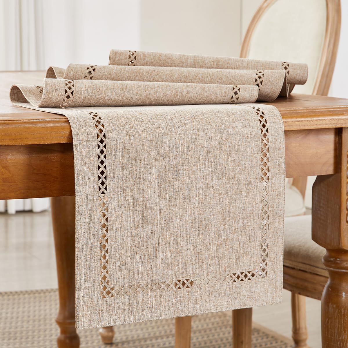 Wracra Boho Linen Style Table Runner, 120 cm Long Rustic Table Runners, Unique Two-layer Geometric Hollow Table Runner for Dining Holiday Parties and Everyday Use (Coffee, 120cm)