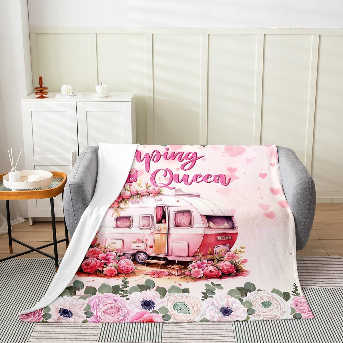 Manfei Pink Trailer Bed Blanket,Nature Camping RV Tourism Flannel Blanket for Room Decor,Pink Blooming Flowers Romantic Queen Girly Fleece Blanket for Sofa Dorm Decor,Throw 50"x60"