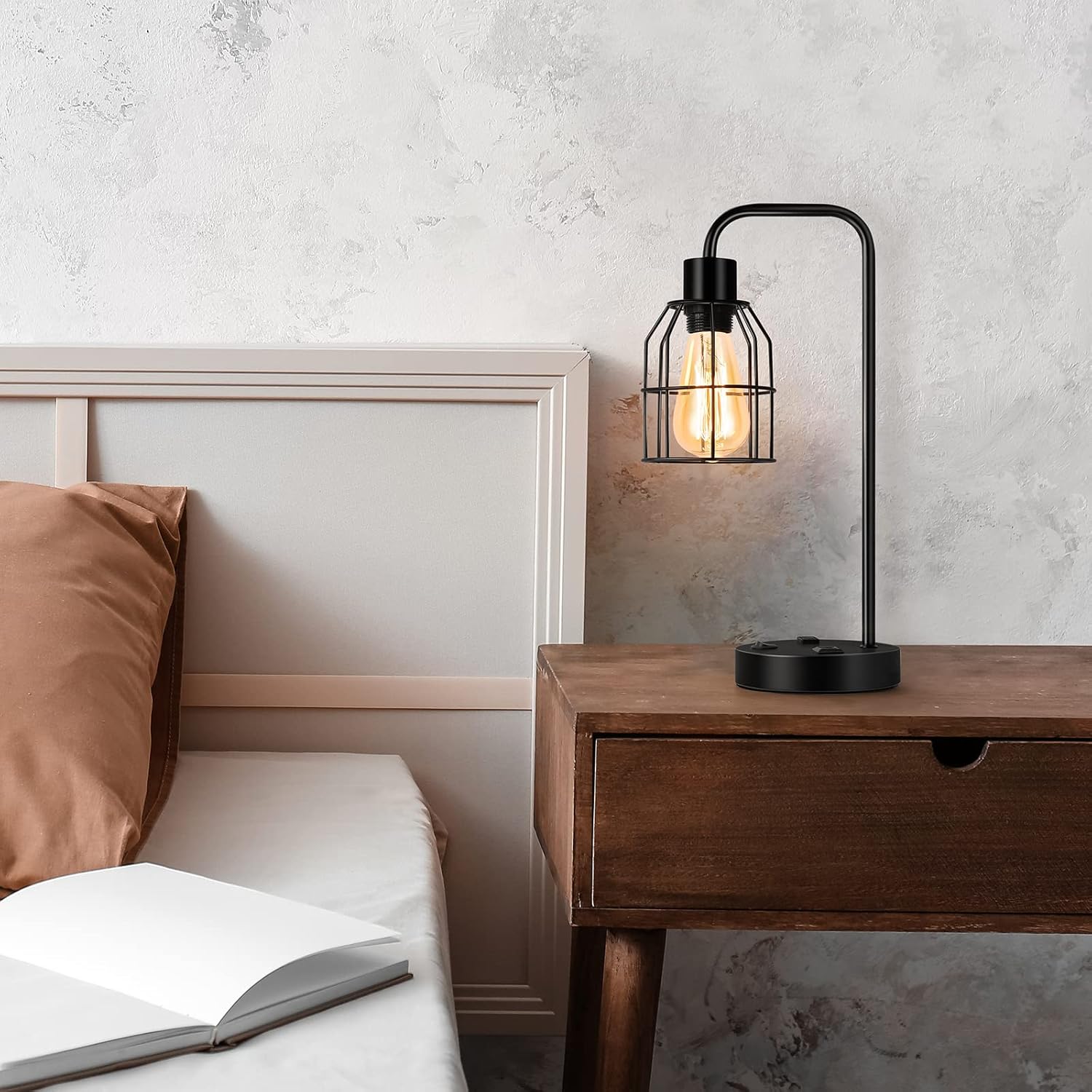 Bedside Lamps Set of 2 Industrial Table Lamp with Dual USB Charging Ports and 2-Prong AC Outlet Farmhouse Nightstand Desk Lamps Edison Lamp with Metal Wire Cage for Bedroom Living Room - - 