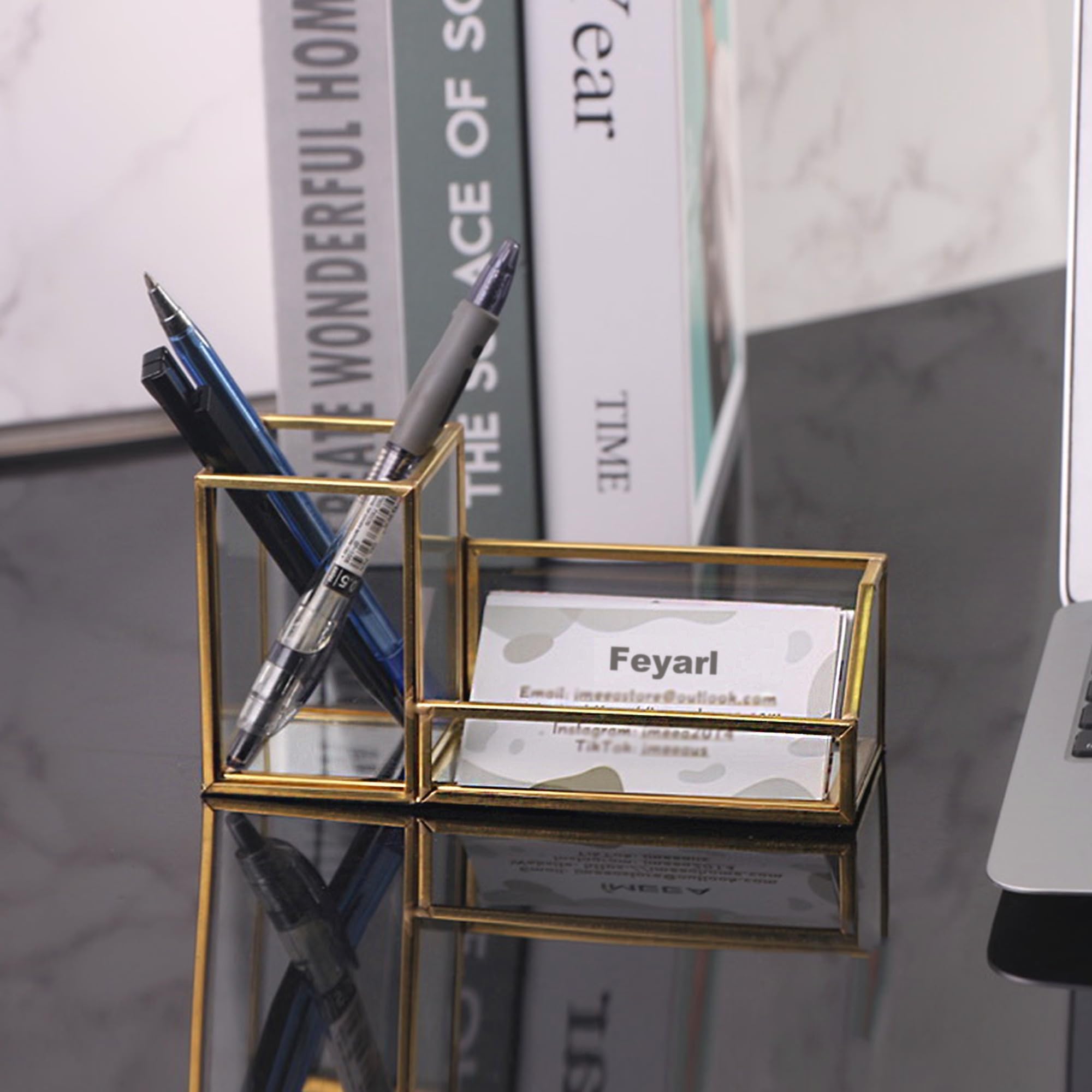 Feyarl Gold Glass Business Card Holder Pen Pencil Holder Clear Desktop Business Name Card Display Stand Organizer Case for Office Desktop Meeting Salons Countertop 2 Slots - Image 3