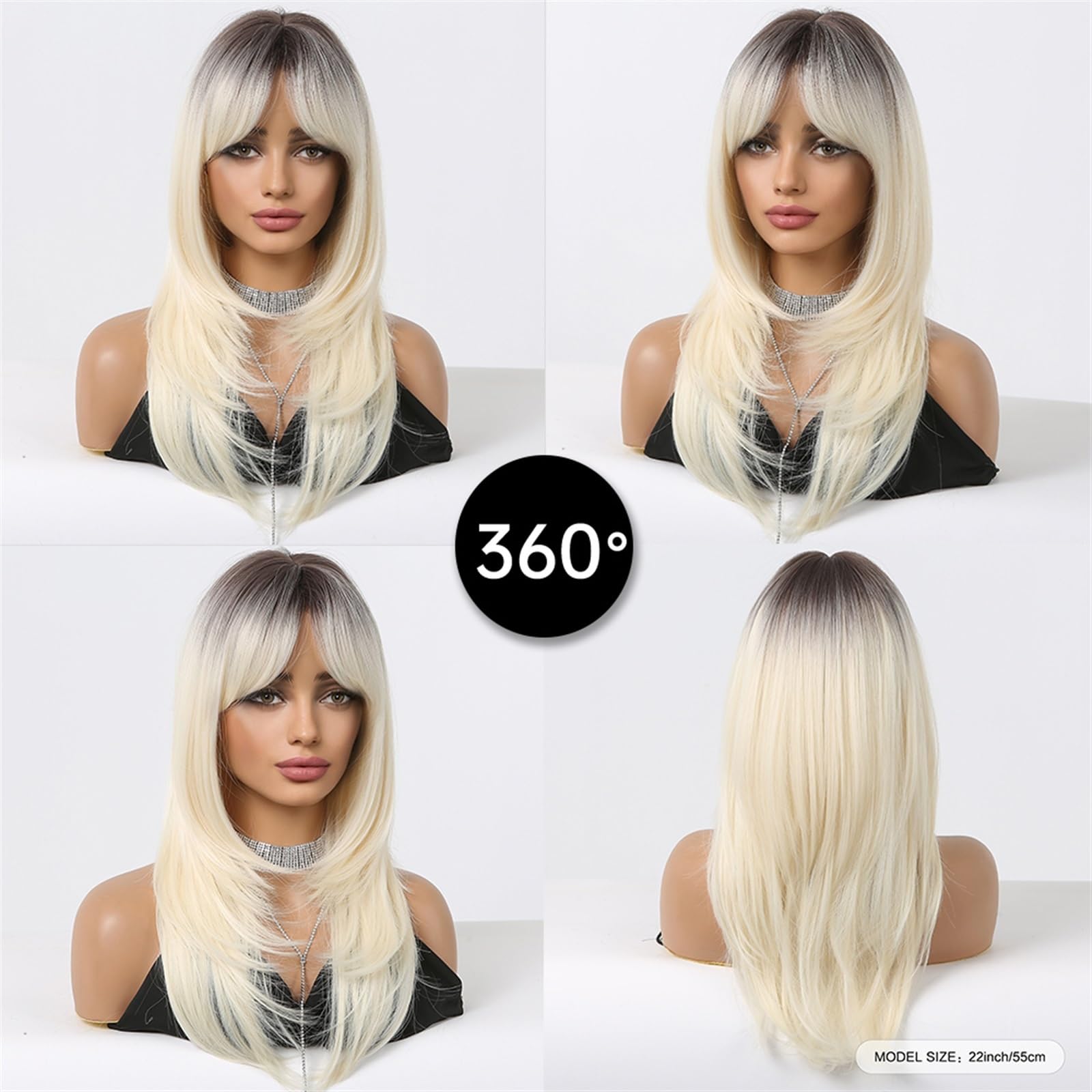 Peruki damskie Peruki syntetyczne Długie proste Platynowy blond Ombre Peruki z grzywką dla kobiet Codzienny Cosplay Impreza Włosy warstwowe Peruka Termoodporny Peruki z włosami zastępczymi