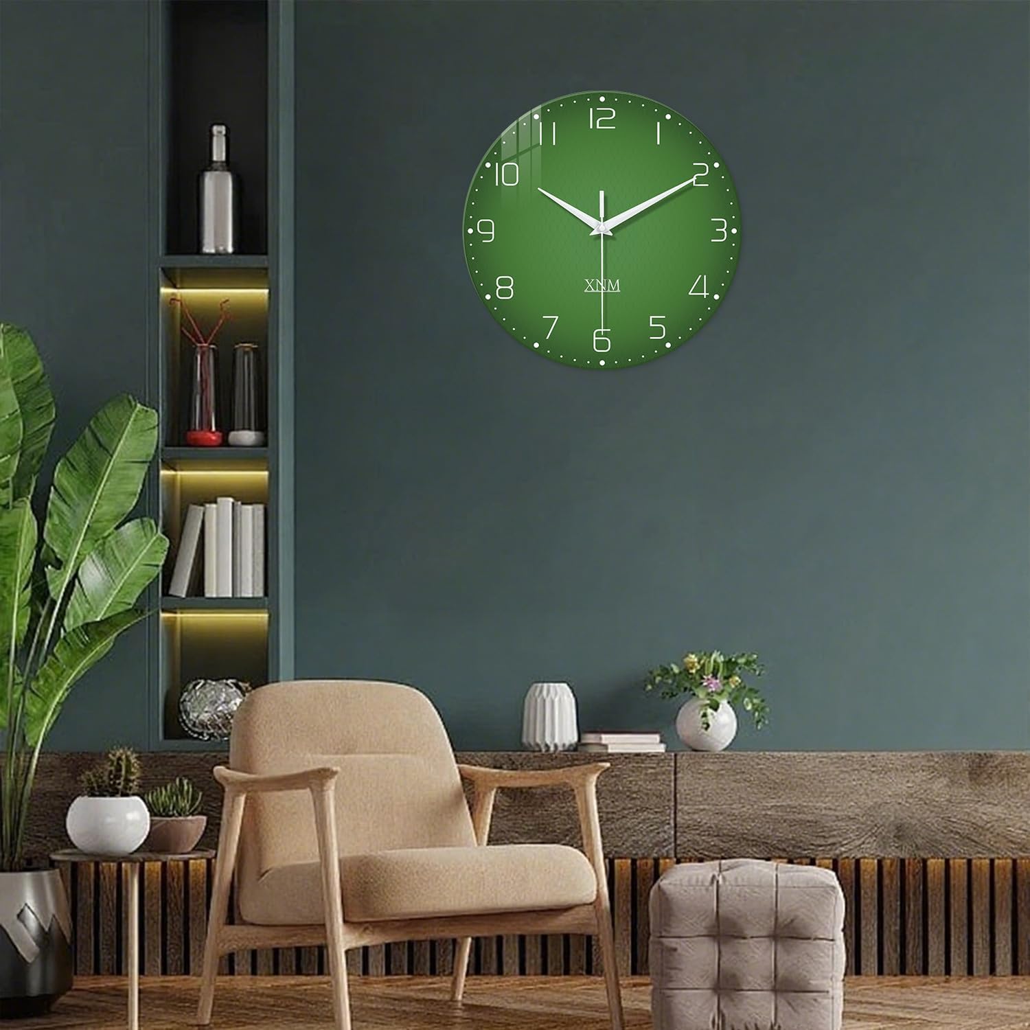 XNM Green Wall Clock for Bedroom Round Glass Wall Clocks Battery Operated 14 Inch Contemporary Analog Simple Wall Clock Silent