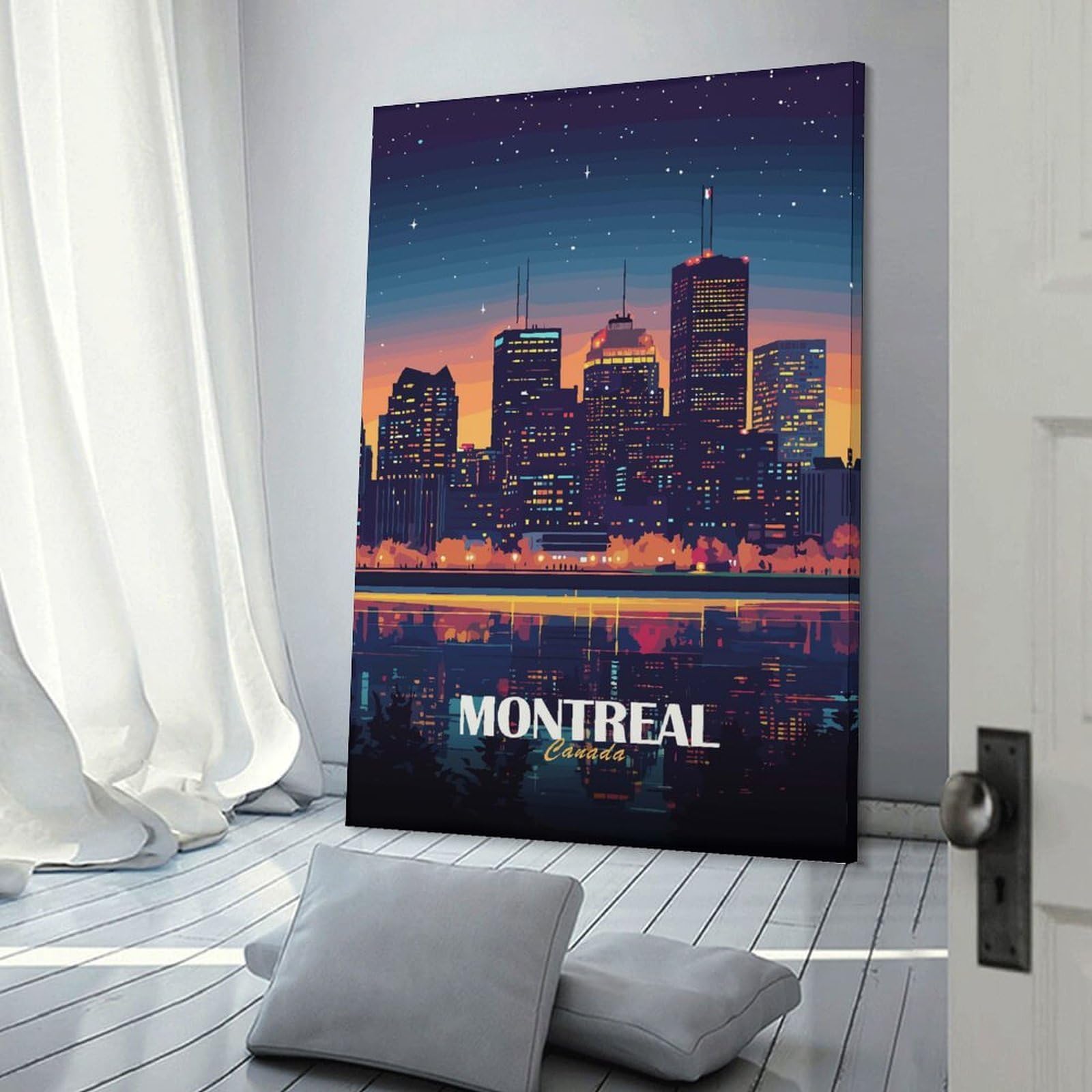 Junmoney Montreal Canada Skyline at Night Decorative Wall Artwork, 24x36inch(60x90cm), for Home Lounge, Bedroom Or Reading Nook, Easy Decor for Gallery Walls