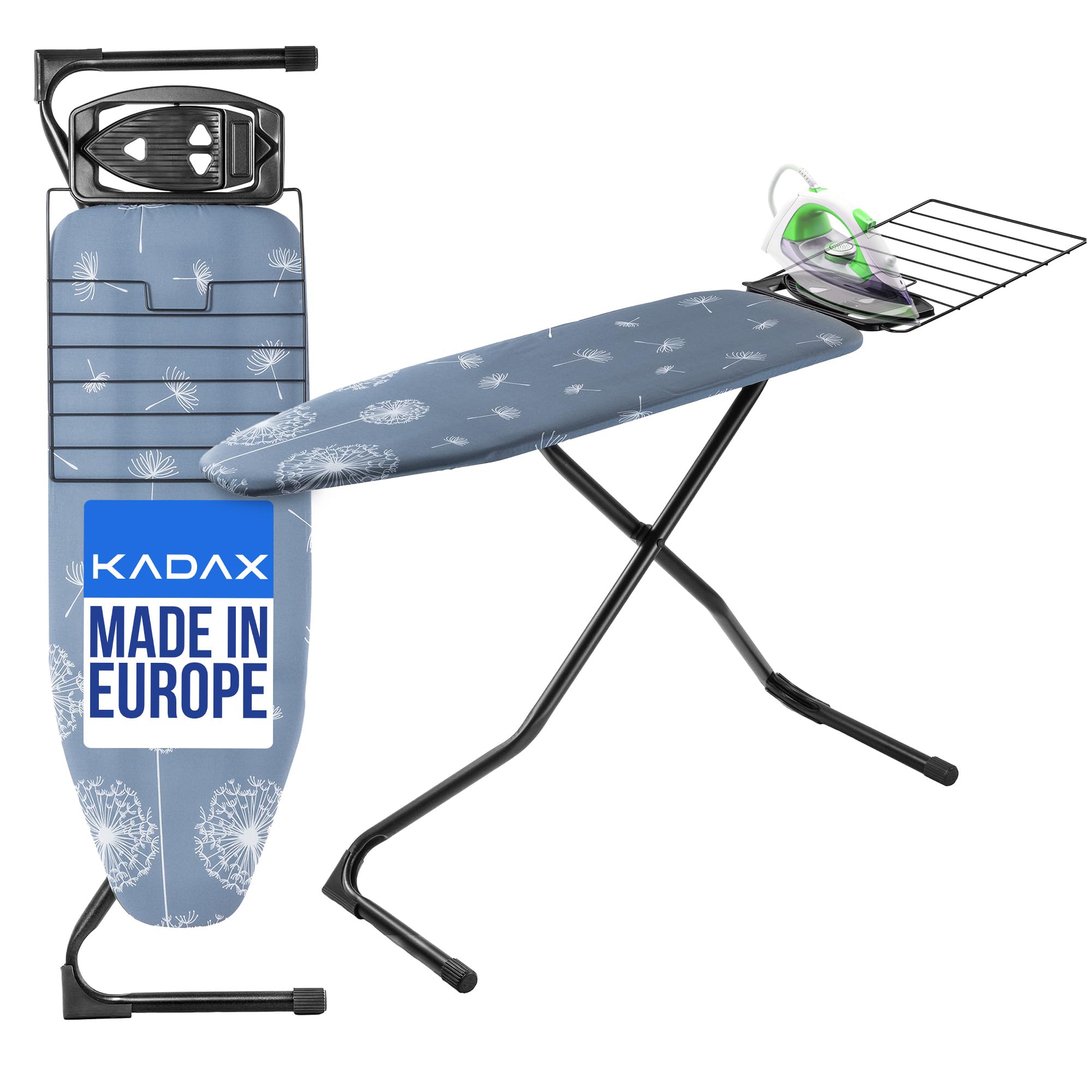 KADAX Planche à Repasser 120 x 42 cm, Table à Repasser Pliable avec Housse en Coton, Support de Fer, Pieds Antidérapants et Réglable en Hauteur (Bleu foncé)