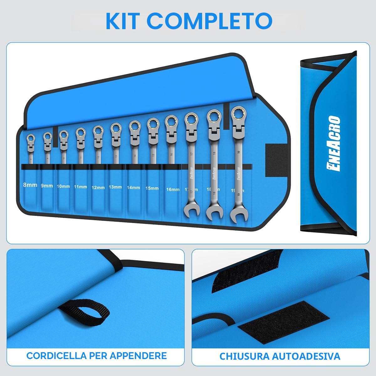 ENEACRO Set di chiavi combinate a cricchetto da 12 pezzi, set di chiavi antiscivolo a testa flessibile, metriche da 8 a 19 mm, 72 denti, struttura in Cr-V, nichelatura con borsa di stoccaggio