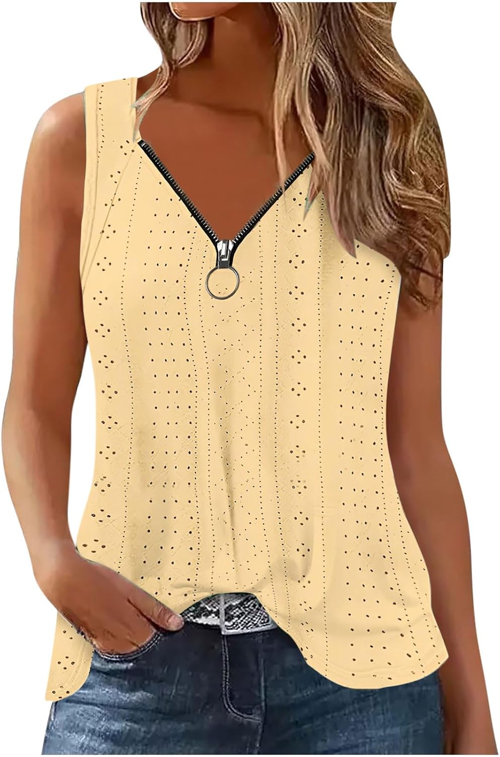 Womens Lace Tops Eyelet Embroidery Zipper V Neck Shirt Summer Sleeveless Tank Tops Women Casual Vacation Beach Outfits