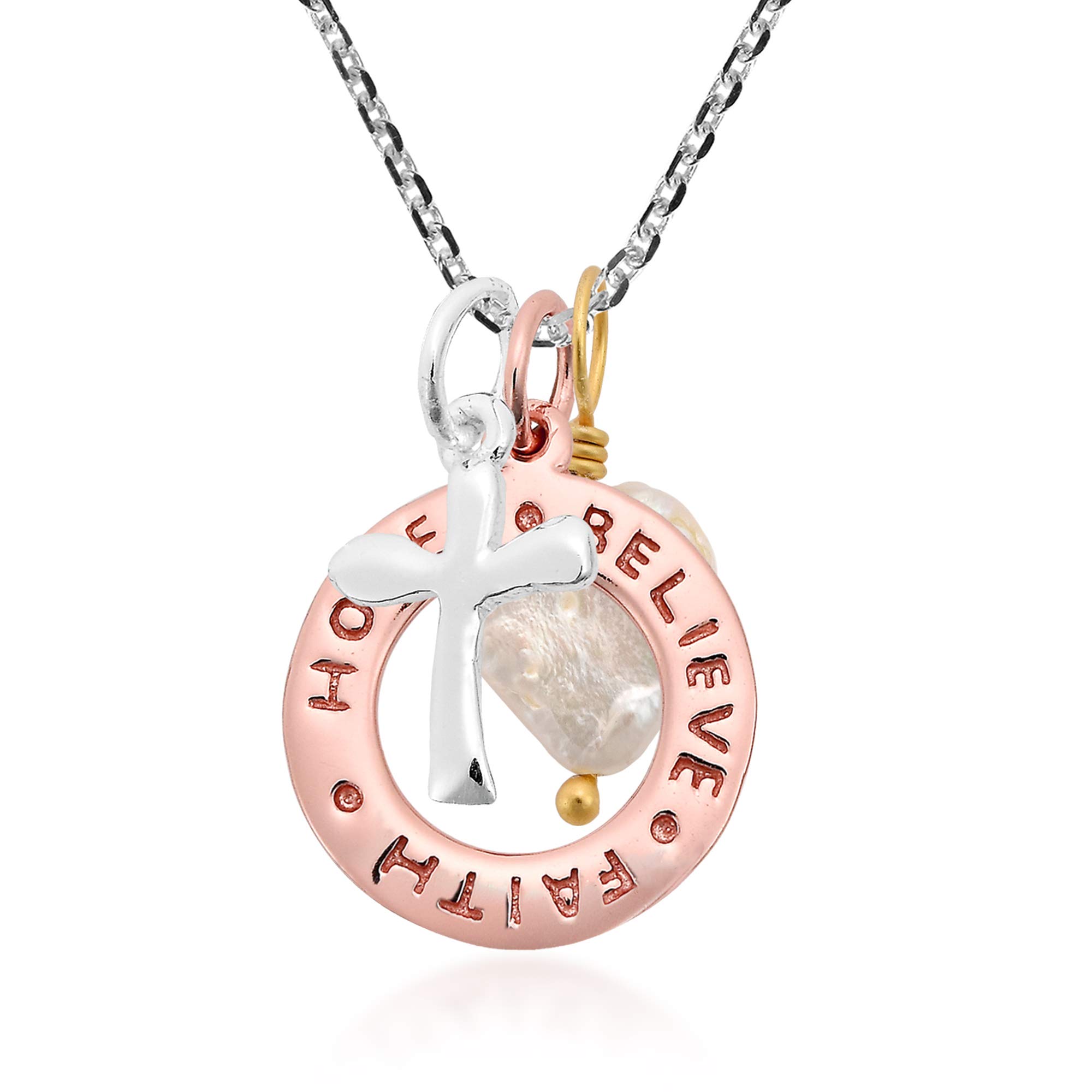 AeraVidaTri-Tone Message"Love, Faith, Believe" Cross Heart Charms .925 Sterling Silver Necklace