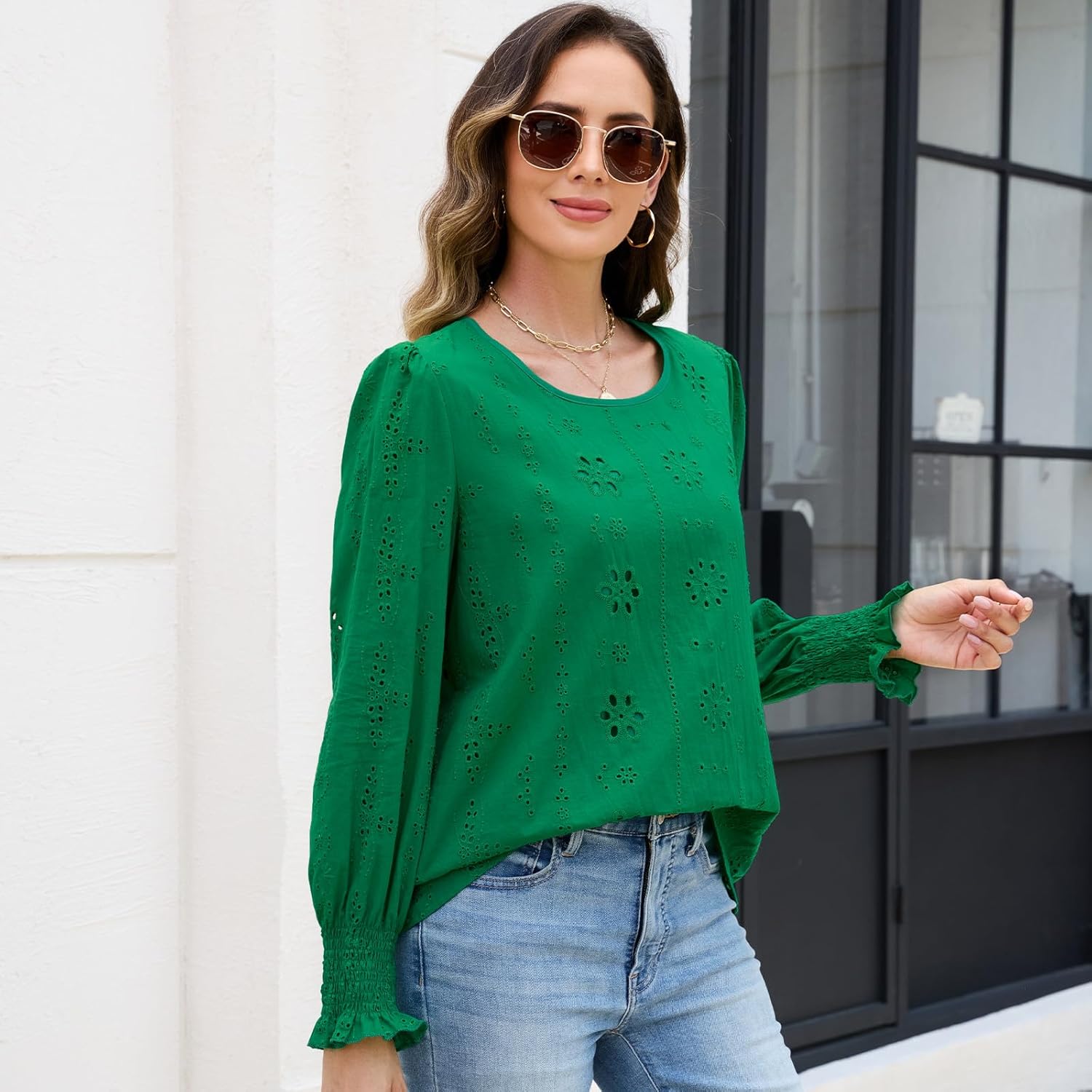 Women's Blouses Long Sleeve Embroidered Eyelet Tops with Lining Dressy Sheer O Neck Cotton Shirts Elegant Blouses 2025 - Image 3