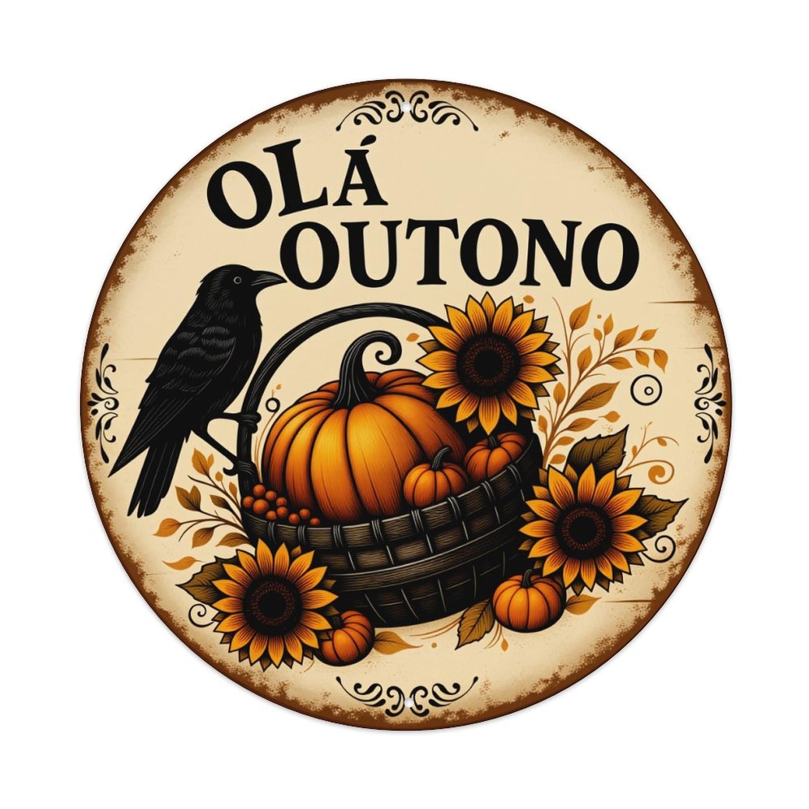 Autumn Harvest Sunflower Basket Crow Round Tin Sign Vintage Style Metal Sign Home Bar Garden Wall Plaque Decor Metal Poster 8x8 Inch
