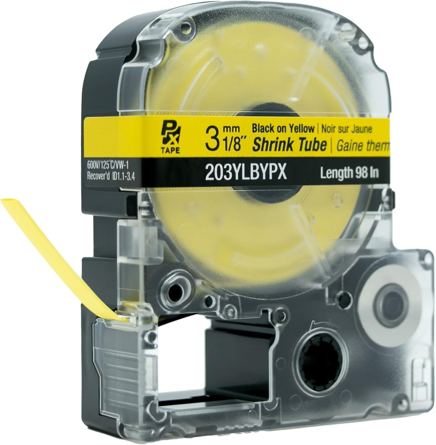Epson LABELWORKS 203YLBYPX-5PK Genuine Tape Cartridge - 5 Unit Pack of Black on Yellow Shrink Tube Industrial Label Maker Tape - AWG 16-22, 1/8" (3MM) Wide, 8 ft (98") - 5 Pack