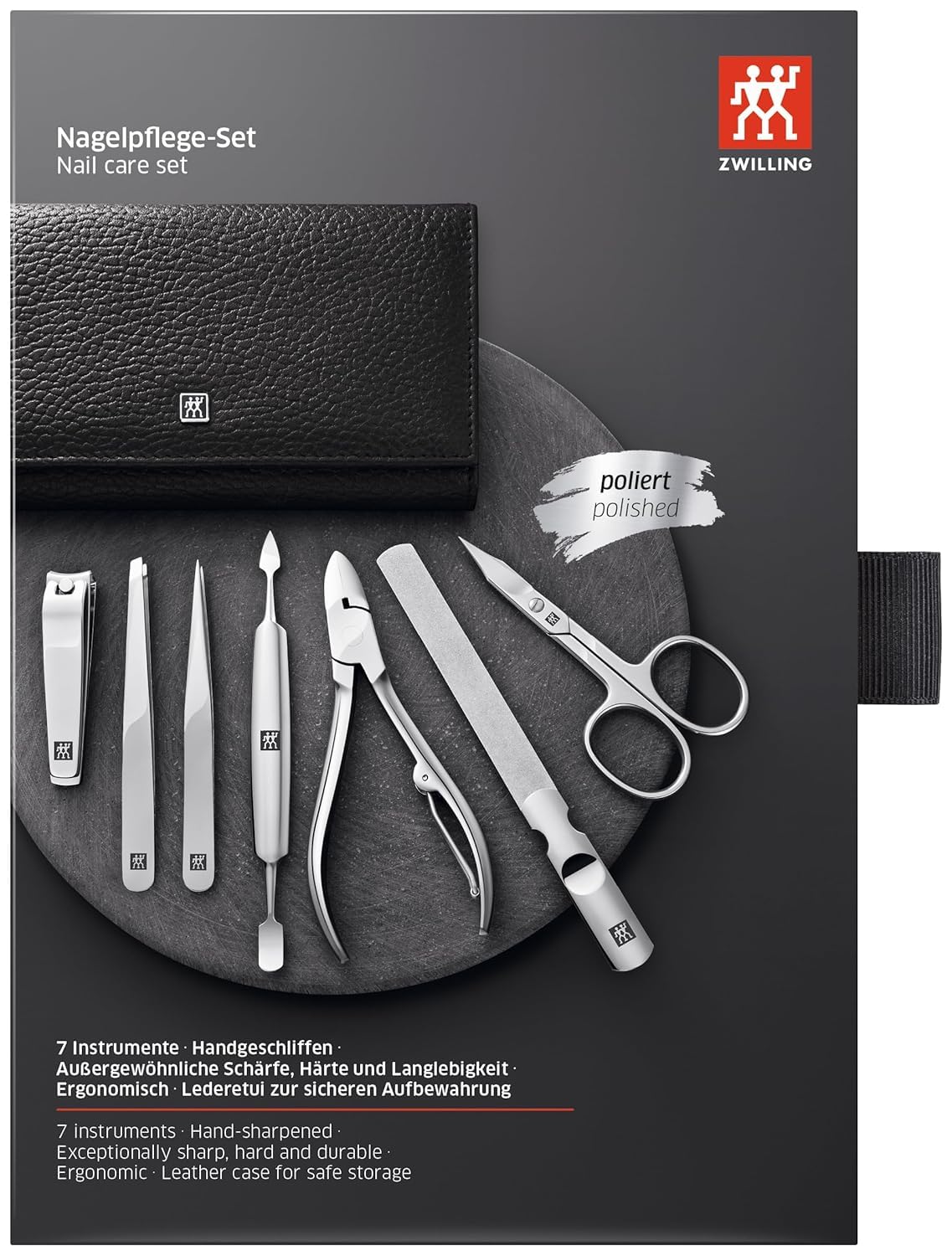 ZWILLING Maniküre-Set (7-teilig, Pediküreset, Reise-Etui-Set, Nagelpflege und Handpflege, Echtleder), Edelstahl poliert, Premium Edition