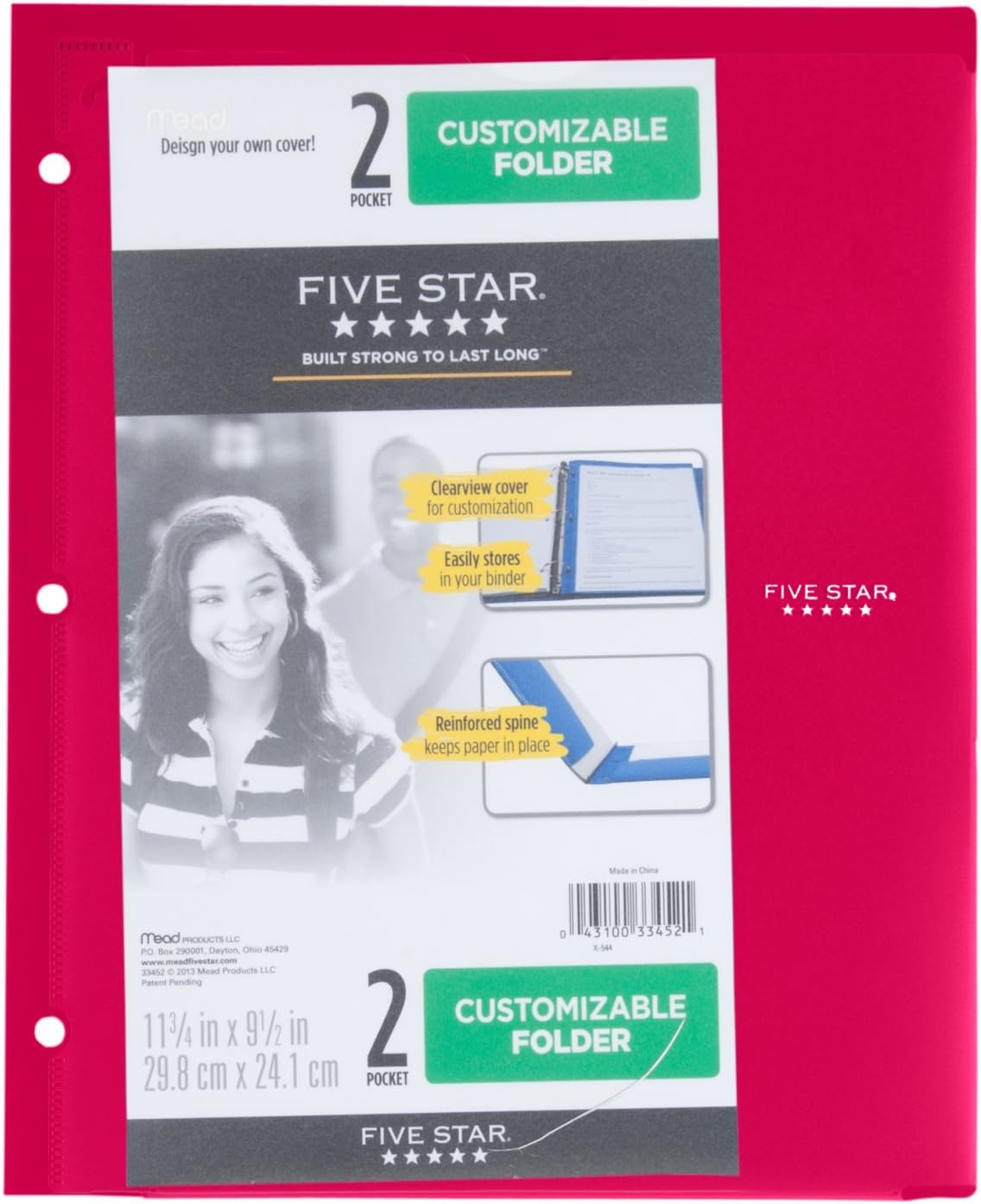 Five Star 2 Pocket Folder, Customizable Cover, Folder with Pockets, Fits 3 Ring Binder, Plastic, Black, Red, Green, Blue, 4 Pack (38098)