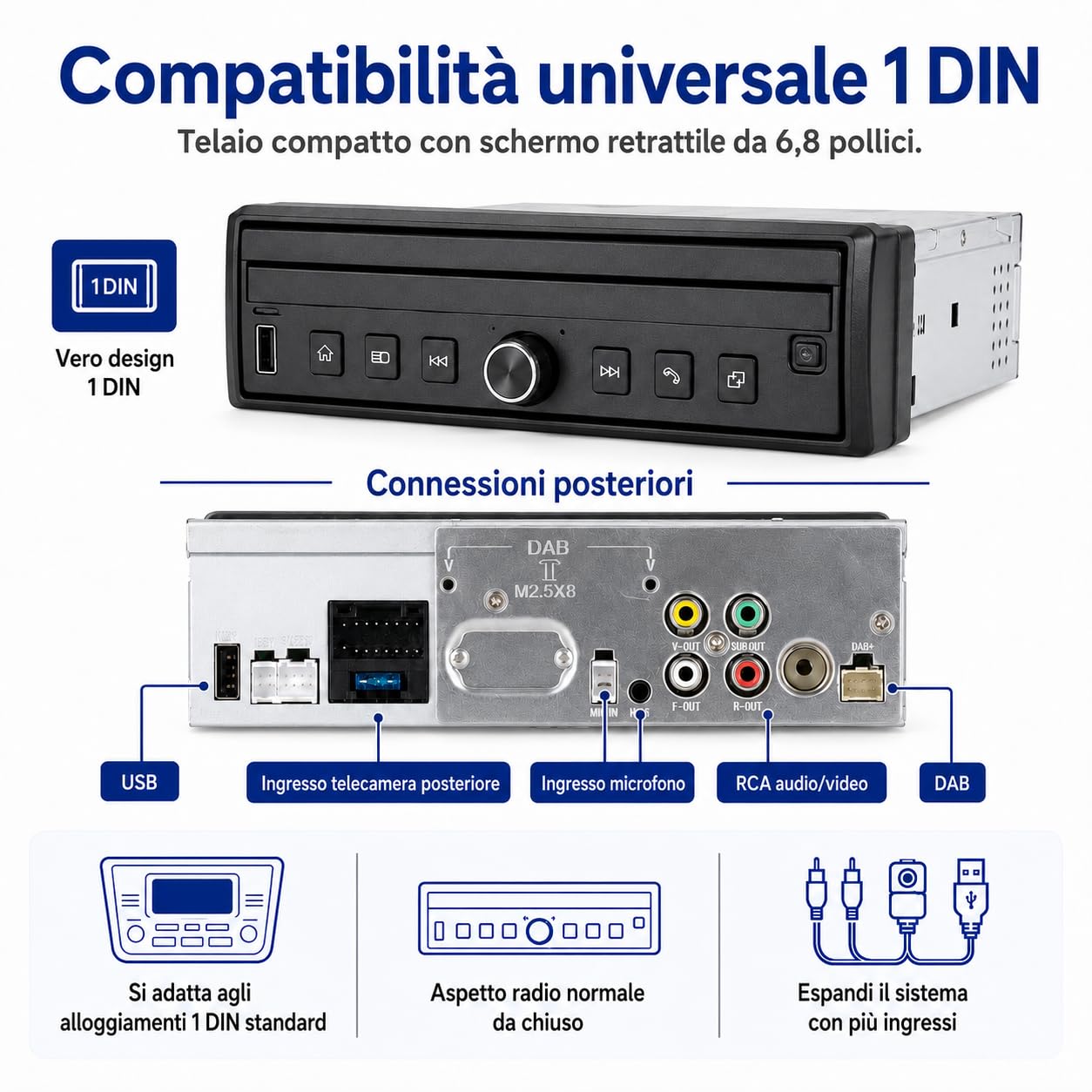 Autoradio 1 DIN con schermo touch retrattile da 6,8 pollici, sistema Linux, CarPlay Android Auto wireless, Bluetooth FM USB AUX, Mirror Link