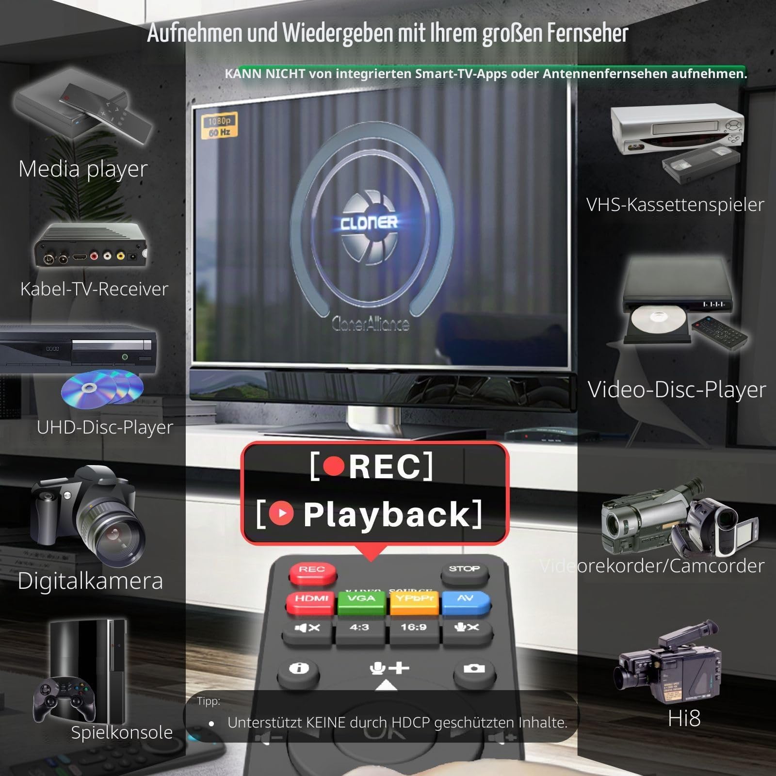 ClonerAlliance Box Pro, 1080p@60fps Videorekorder, DVR mit HDMI-Aufnahme, RCA/YPbPr/VGA-Digital-Konverter, kein PC erforderlich