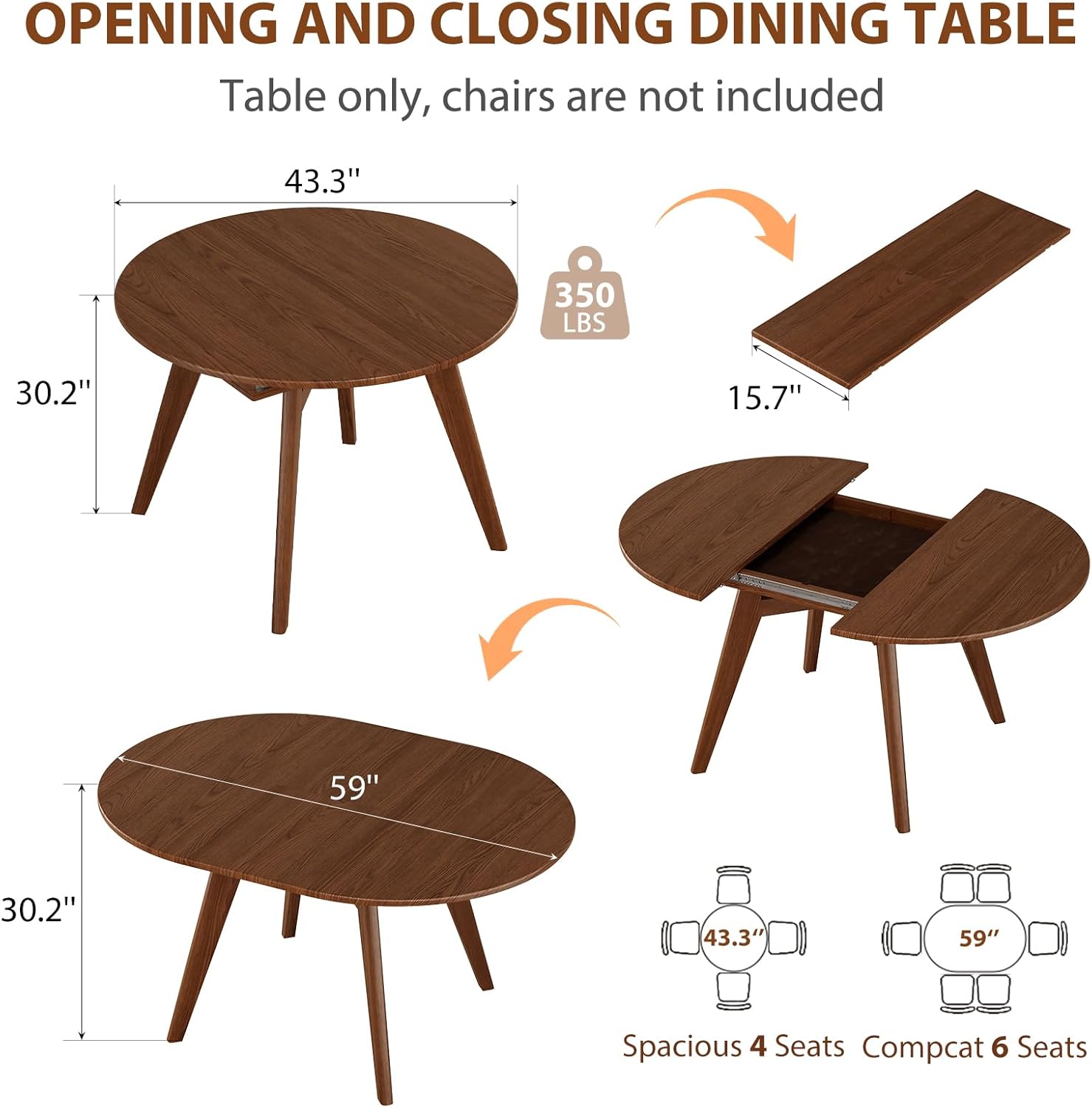 Solid Wood Round Extendable Dining Table, 43″-59″ Expandable Dining Table for 4-8, Oval Extendable Dining Room Table with Hidden Storage, Oval Dining Tables with Leaf, Walnut Round Kitchen Table