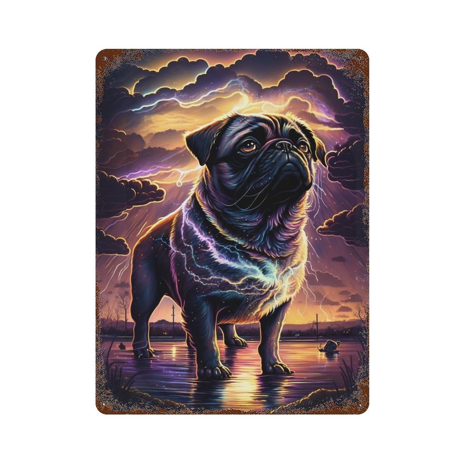 Garage Style Thunderous Pug Majesty Weathered Tin Sign 15.7"x11.8", Shabby Chic Decor for Bar And Workshop