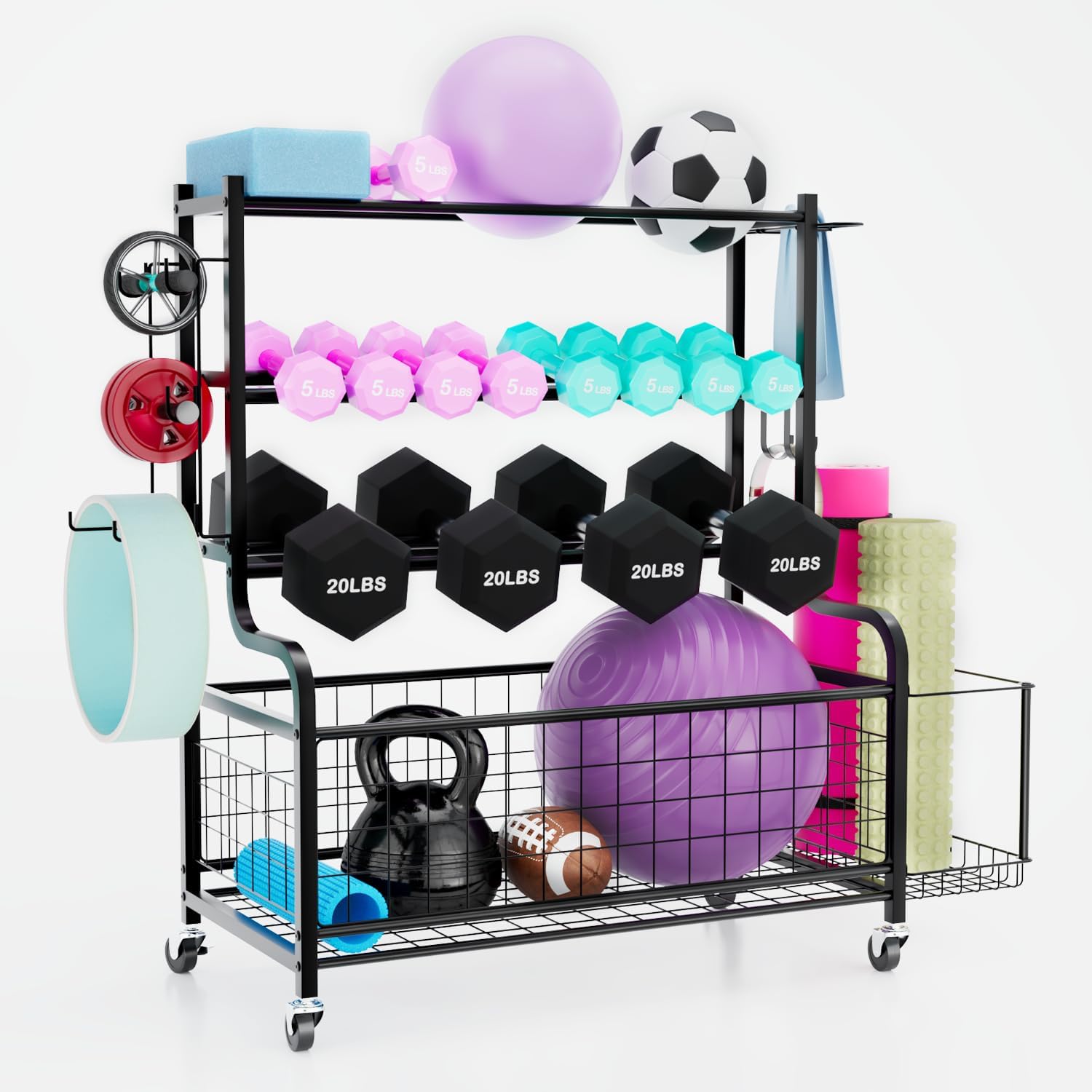 Dumbbell Rack – Weight Rack For Home Gym Storage Yoga Mat Weight Rack With Wheels And Hooks,Workout Equipment Storage Organizer For Yoga Equipments,For Dumbbell,Kettlebell,Yoga Block,Foam Roller