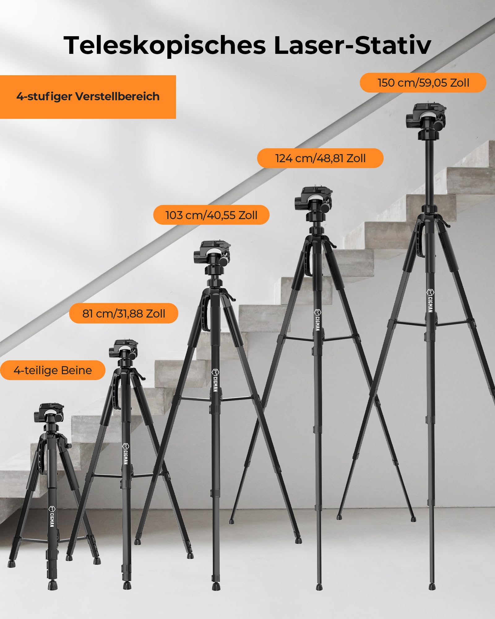 CIGMAN Stativ Laser 1,5m Aluminium Verstellstativ mit 3-Wege-Schwenkkopf und Blasenebene, 1/4-20 und 5/8-11 Gewindeadapter CTP01