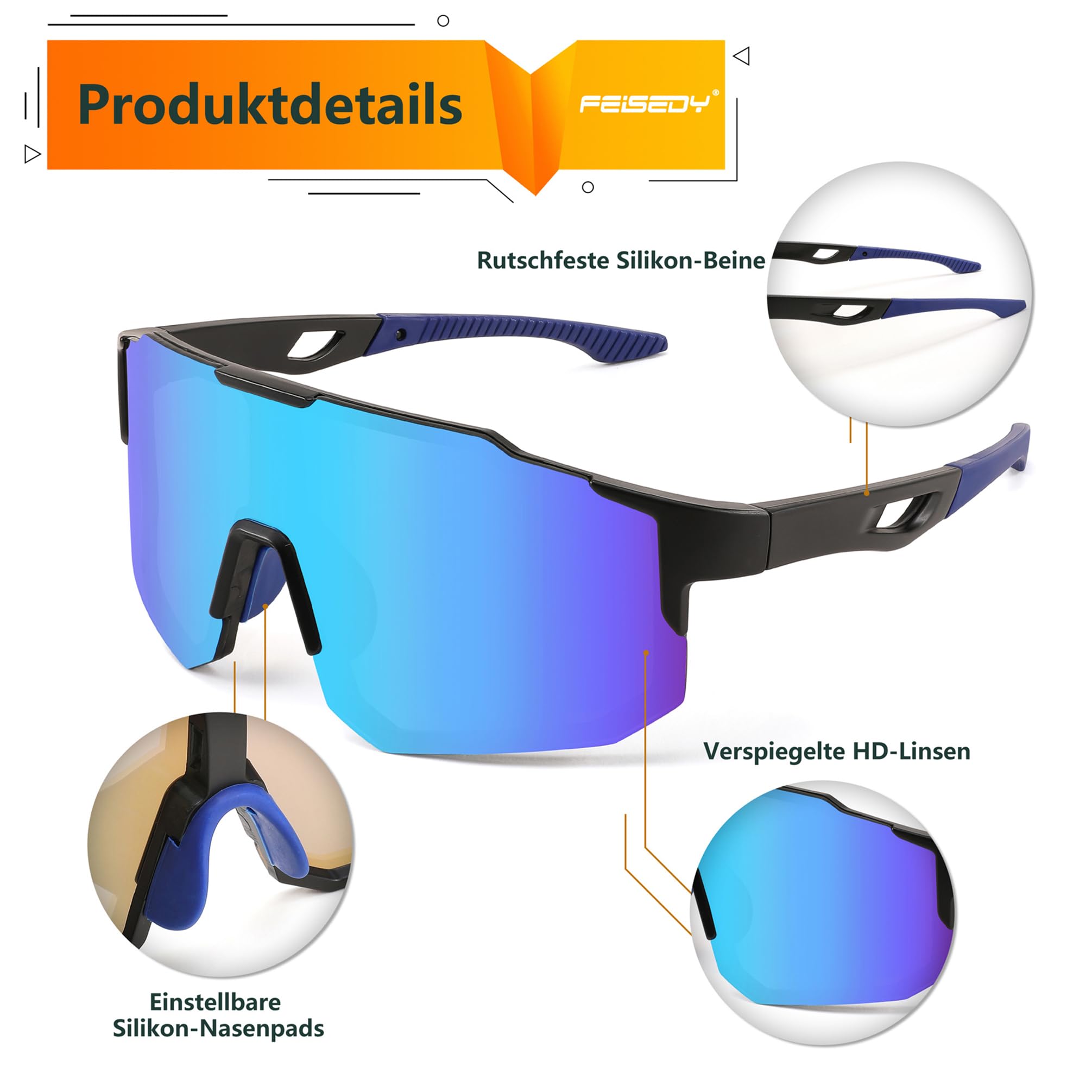 FEISEDY Sport Sonnenbrille Herren Damen Fahrradbrille Radbrille Verspiegelt Sportbrille für MTB Rennrad Radfahren Biking Laufen Enduro mit UV400 Schutz B2388