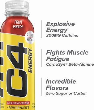 C4 Energy Non-Carbonated Zero Sugar Energy Drink, Pre Workout Drink + Beta Alanine, Fruit Punch, 12 Fl Oz (Pack of 12)