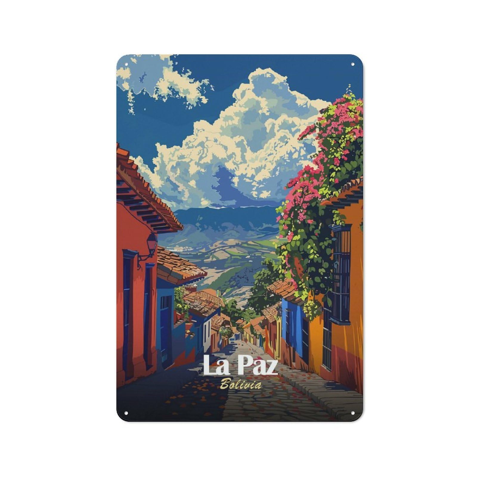 Junmoney Style-13 Tin Wall Plaque 30X20cm With La Paz, Bolivia Street View For Guest Room Or Hallway, For Updating Guest Room And Hallway After Moving