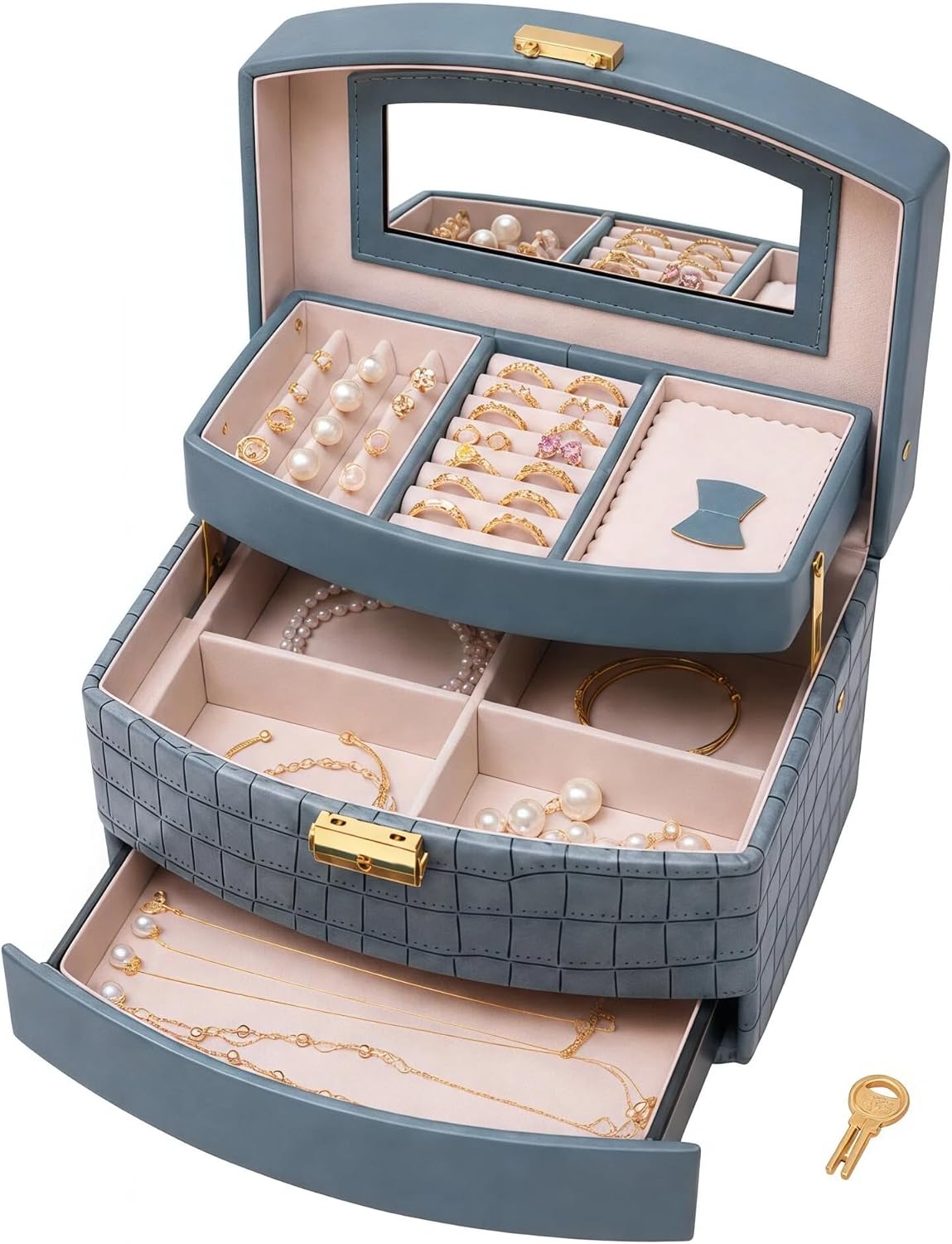 3 Layer Jewelry Box for Women with Mirror & Secure Lock(Blue)