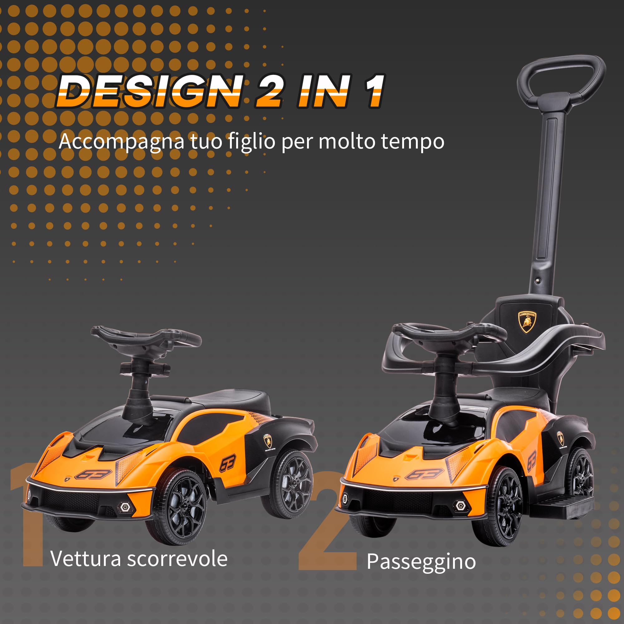 AIYAPLAY Lamborghini Macchinina per Bambini 2 in 1 con Maniglione e Barriera di Sicurezza, Volante e Clacson, Auto per Bambini in PP e Metallo, 86.5x40x89.5 cm, Arancione e Nero