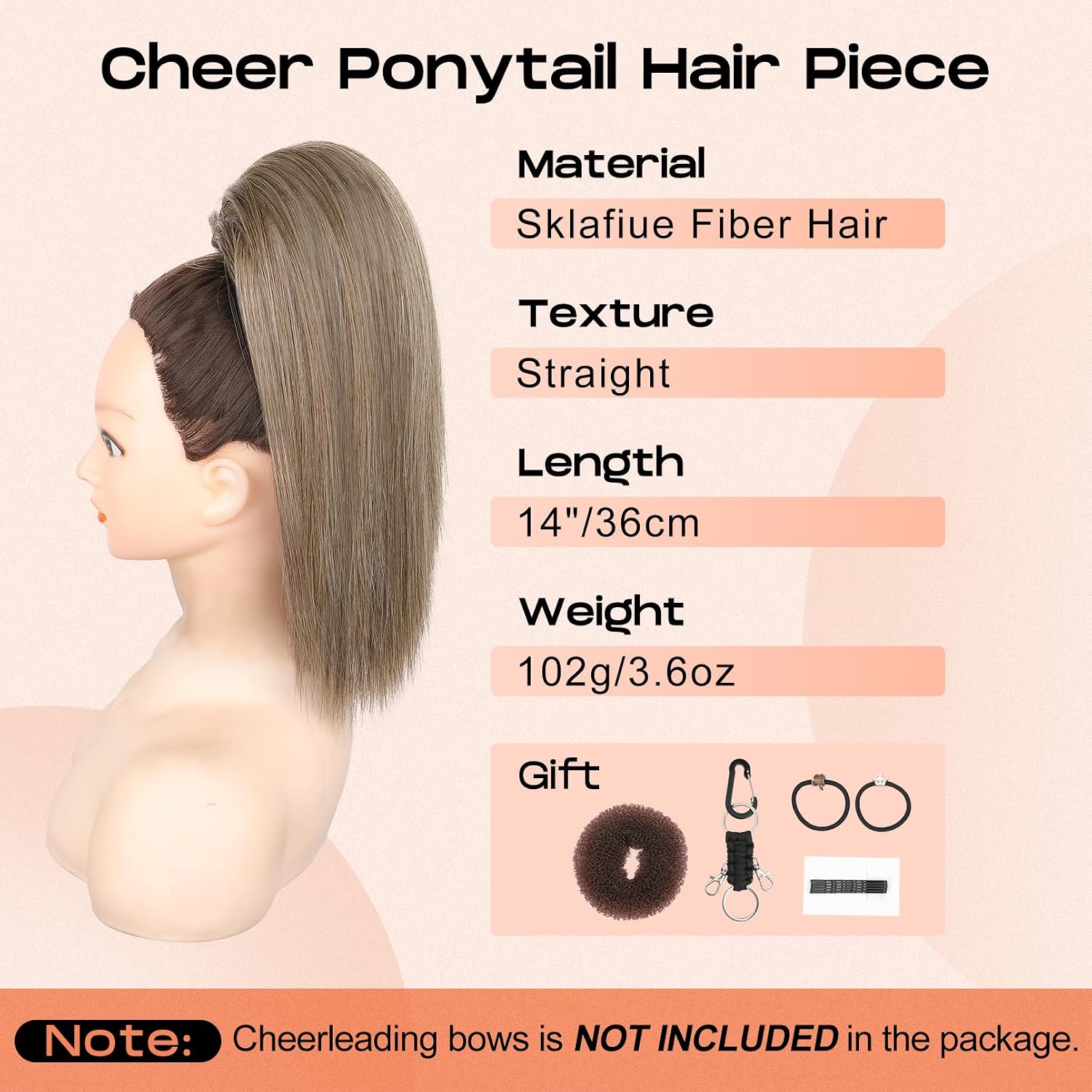 SEIKEA Cheer Ponytail Hair Piece, 14" Straight Cheerleader Hairpiece Ponytail Extension for Cheer Competitions, Dance, Costume, Dress up, Soft Natural Look for Girls Teens Ash Blonde