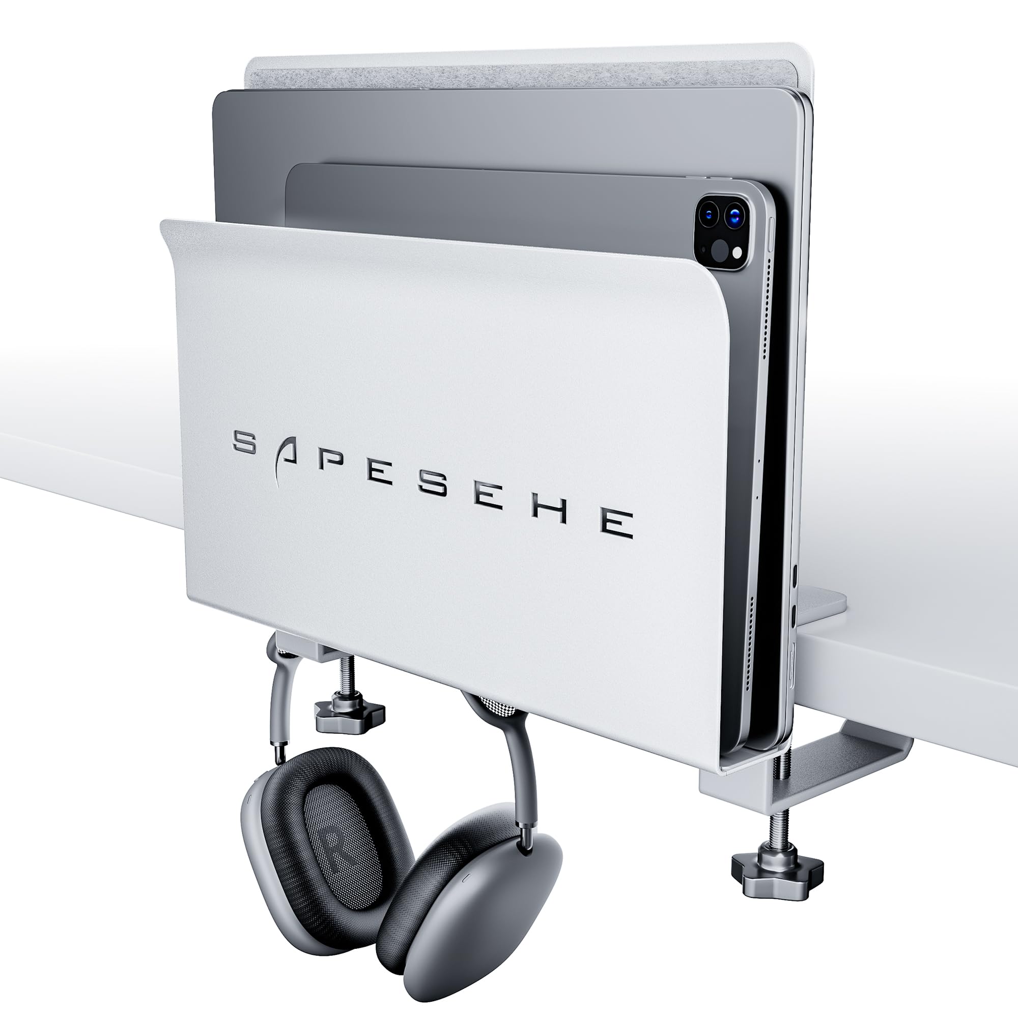 SAPESEHE Under Desk Laptop Mount, Hanging Organizer with 2 Under Desk Hooks, Side Storage for Laptops, 22 lb Load Capacity [White]