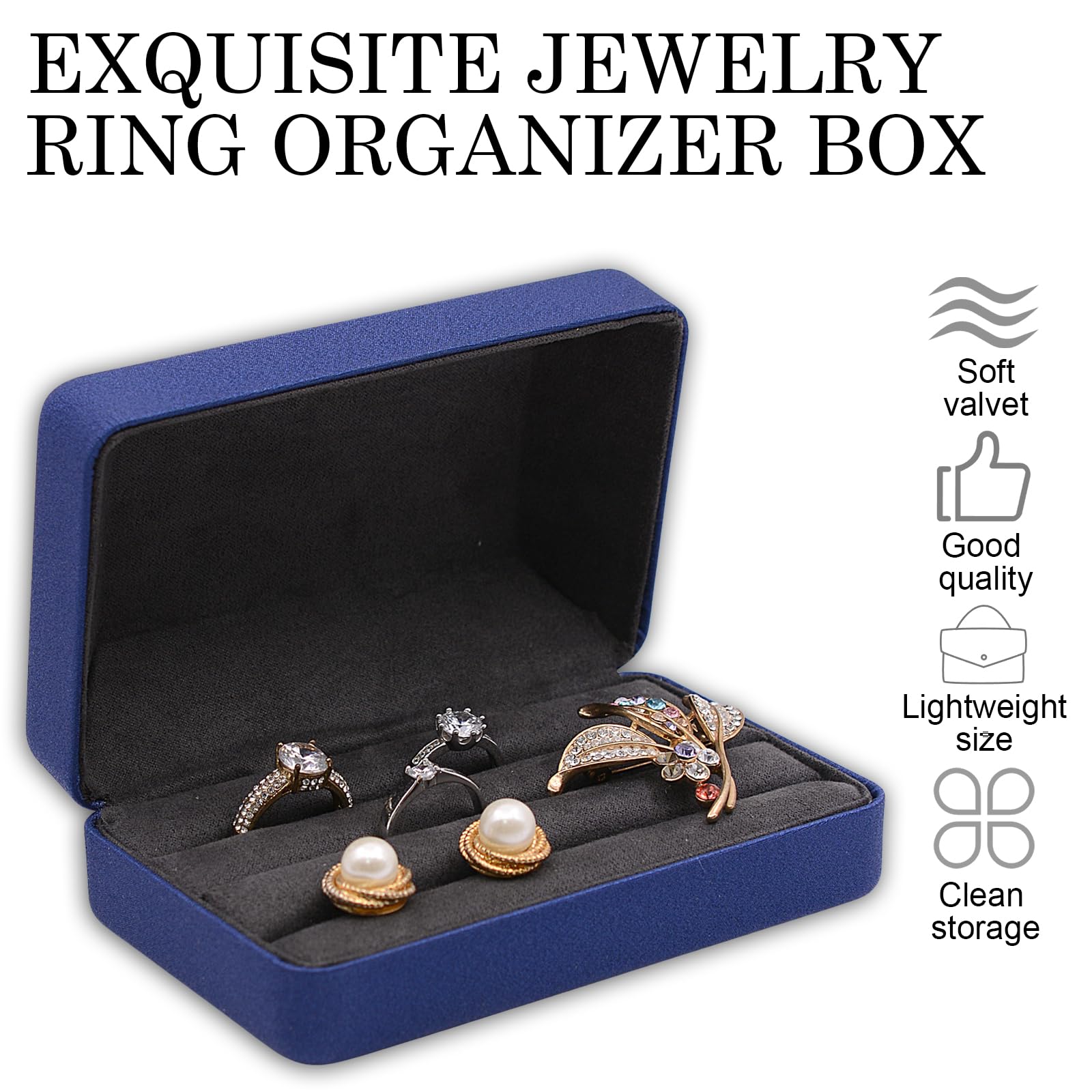 Boîte De Rangement Pour Bagues – 100 Emplacements Avec Couvercle Transparent – Extérieur Cuir Synthétique, Intérieur Daim éponge – Noir Ou Blanc - 7