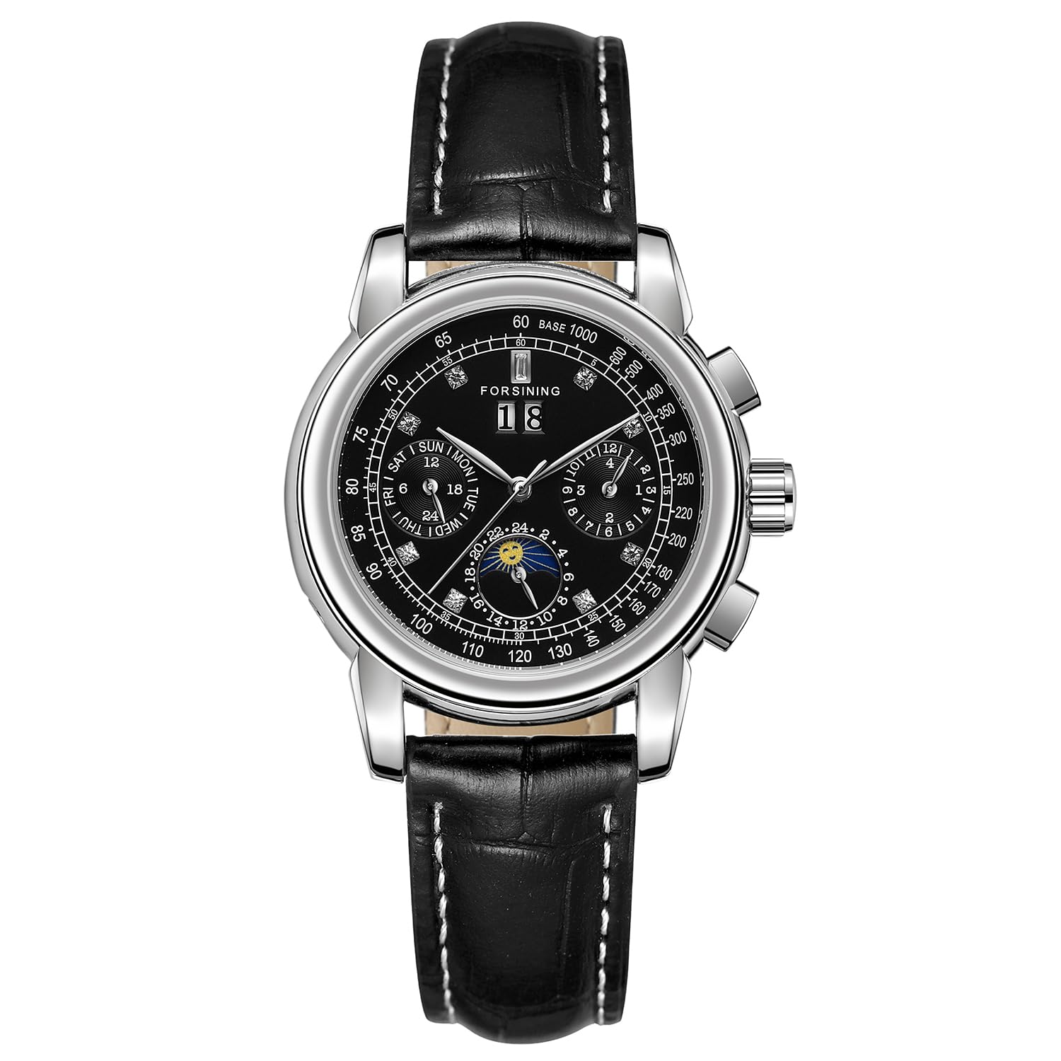 FORSINING Wasserdichte automatische Business-Armbanduhr für Damen, Kalender, selbstaufziehend, Edelstahl, Mondphasen-Armbanduhr, Schwarz, Schwarz , Armband