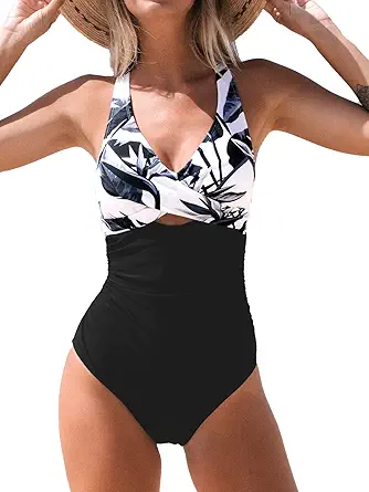 CUPSHE Women Swimsuit One Piece Bathing Suit Tummy Control V Neck Crisscross Wide Straps Self Tie Lace Up