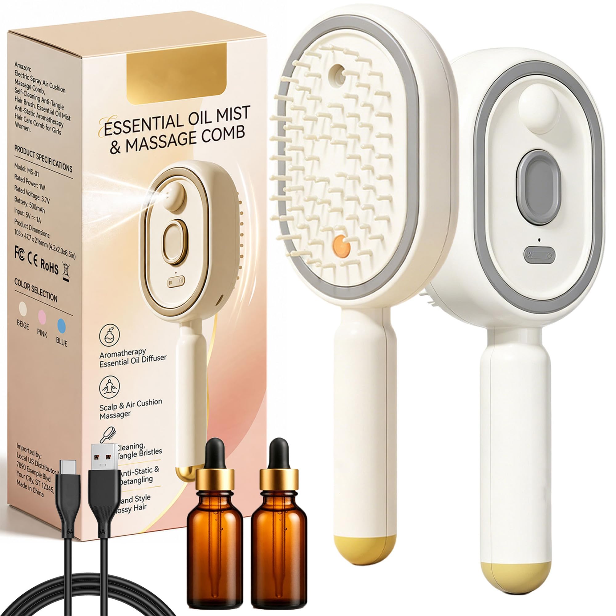 Electric Spray Air Cushion Massage Comb, Electric Hair Brush Women with Water Spray, 3-in-1 Anti-Static Detangling Comb & Air Cushion Massage for Smoothing Styling & Frizz Control (2PCS B)
