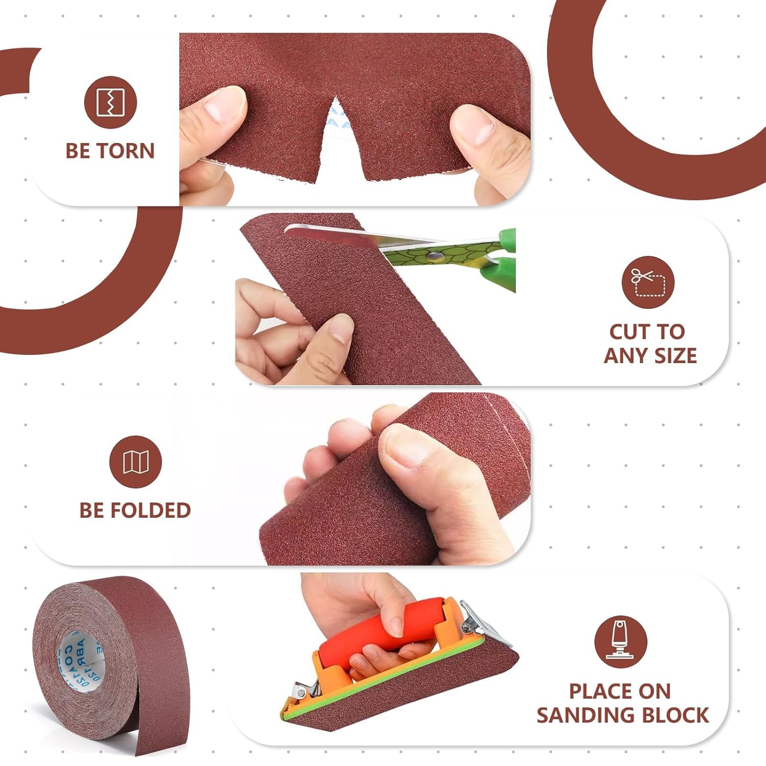 Rotolo abrasivo grana 120 – Carta abrasiva in tela smerigliata, 75 mm x 30 m, ossido di alluminio, nastro levigatrice continua per levigatura legno metallo mobili a secco e ad acqua