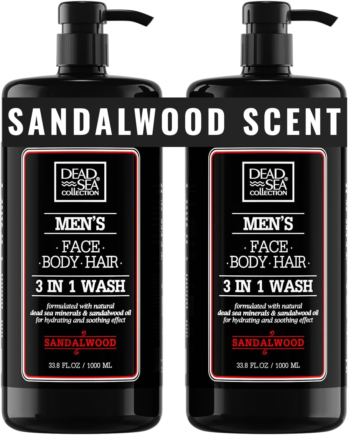 Dead Sea Collection Mens Body Wash 3 in 1 – Sandalwood Body Wash for Men – Shower Gel – Shampoo – Shower Soap for Face and Hair – Pack of 2 Bottles (33.8 Fl. Oz. Each)