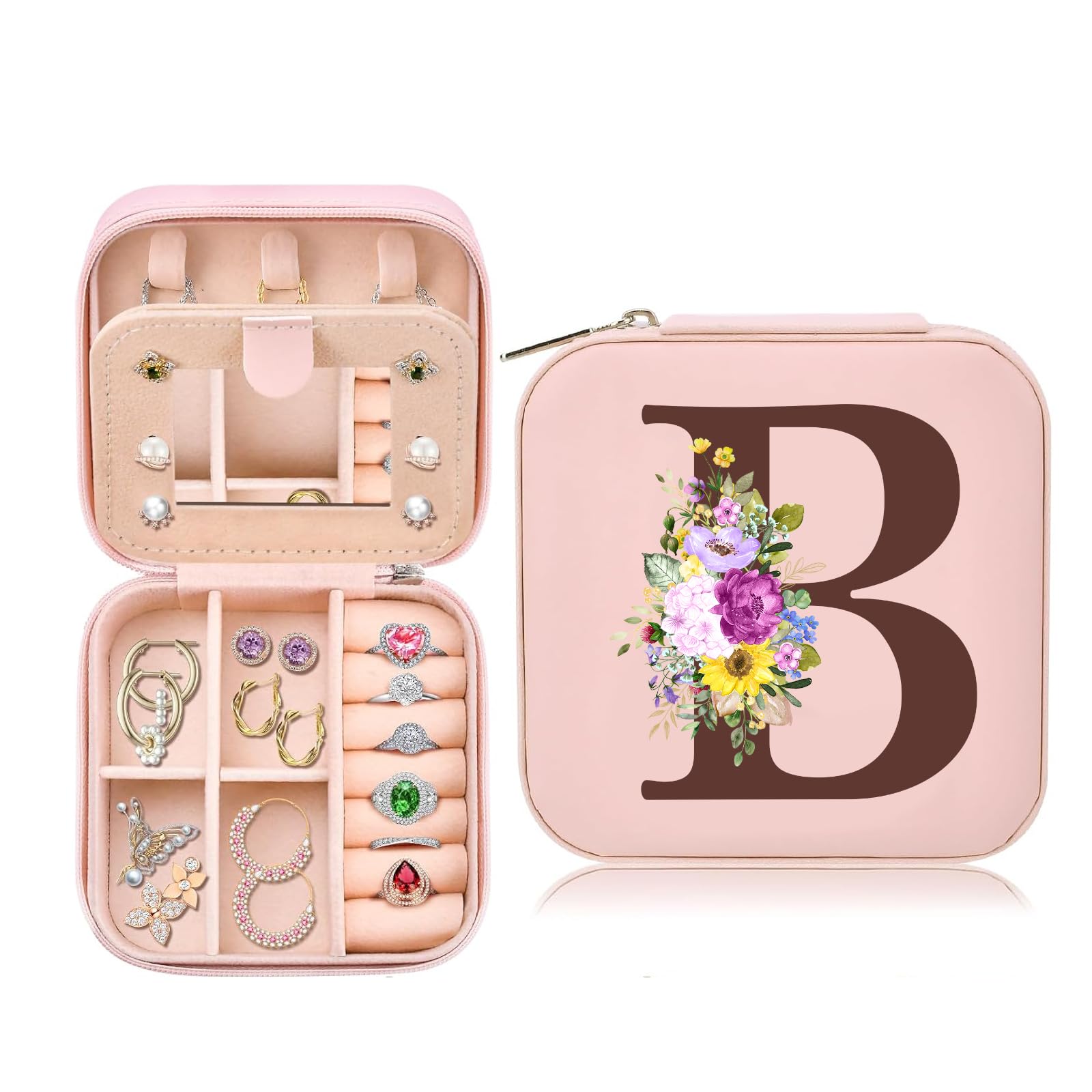 Toozen Scatola Portagioie da Viaggio Portagioie con Iniziale B e Fiore Mini Porta Gioielli Donna Portagioielli Piccoli con Specchio Ragazza Regalo per Compleanno Anniversario Natale, Rosa