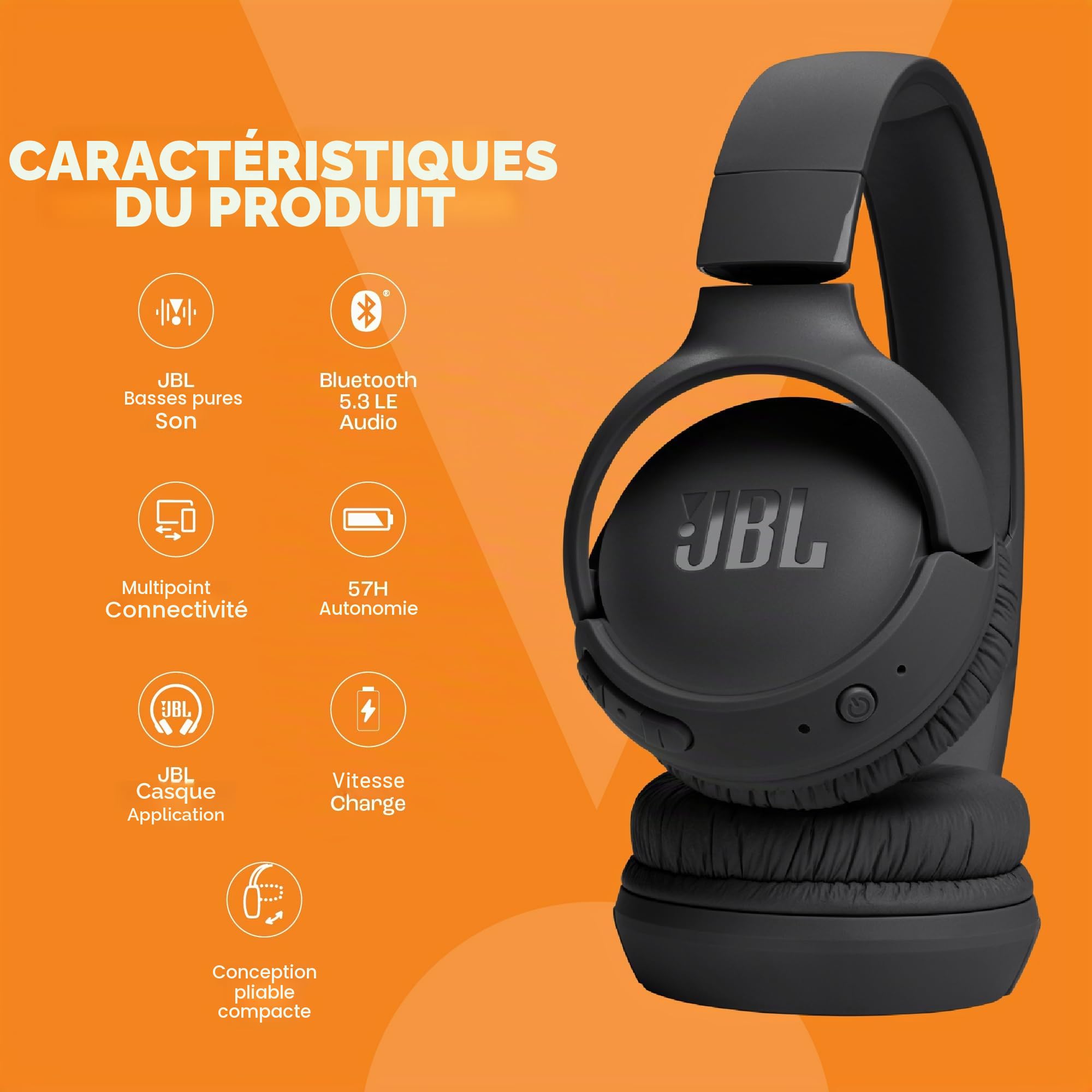JBL Tune 520 BT Casque sans Fil Arceau Appels/Musique USB Type-C Bluetooth Noir