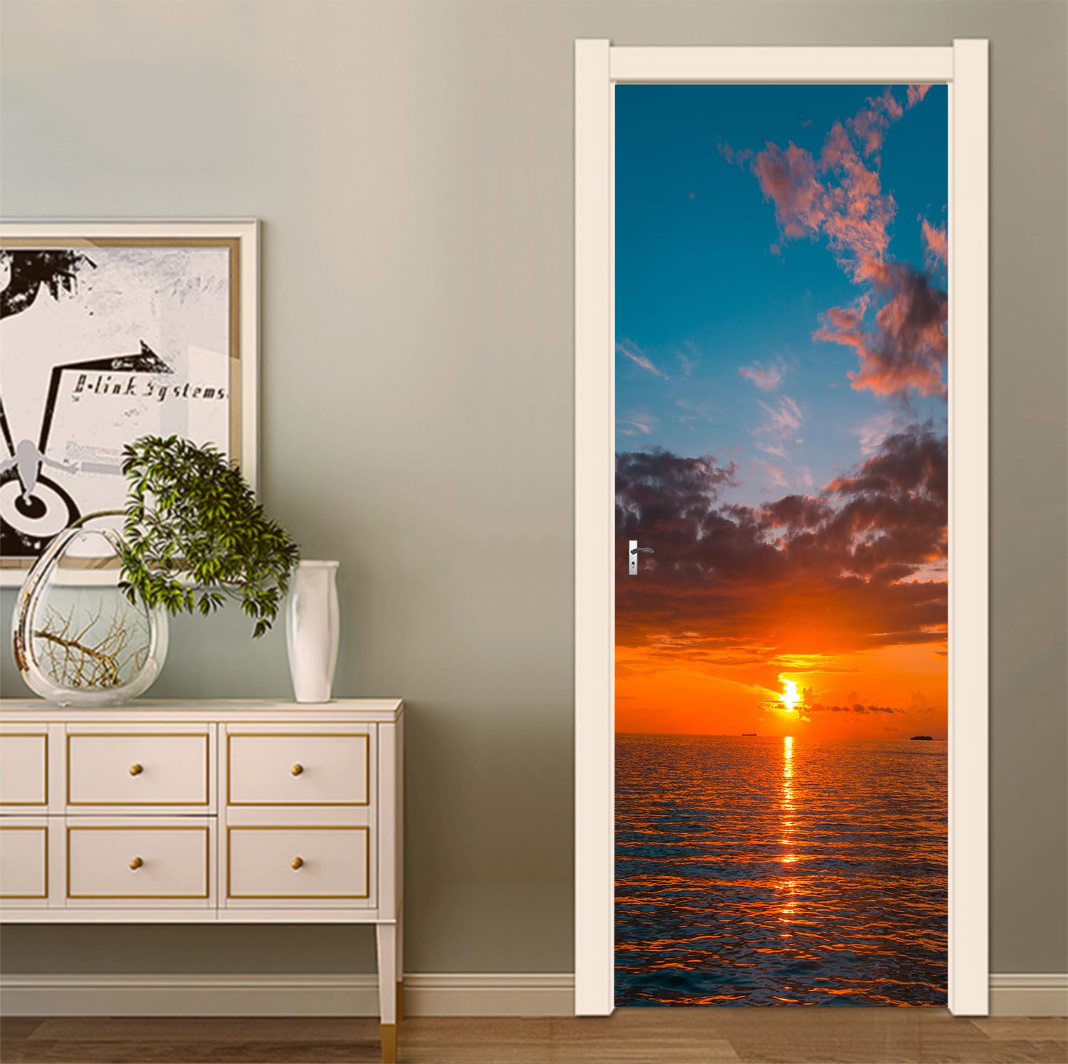 FLFK Peel and Stick Door Sticker 77x200cm-3D Sunset Ocean Seascape Self-Adhesive Door Mural Poster Photo Wallpaper for Bedroom Office Decor(2Pcs/Set)