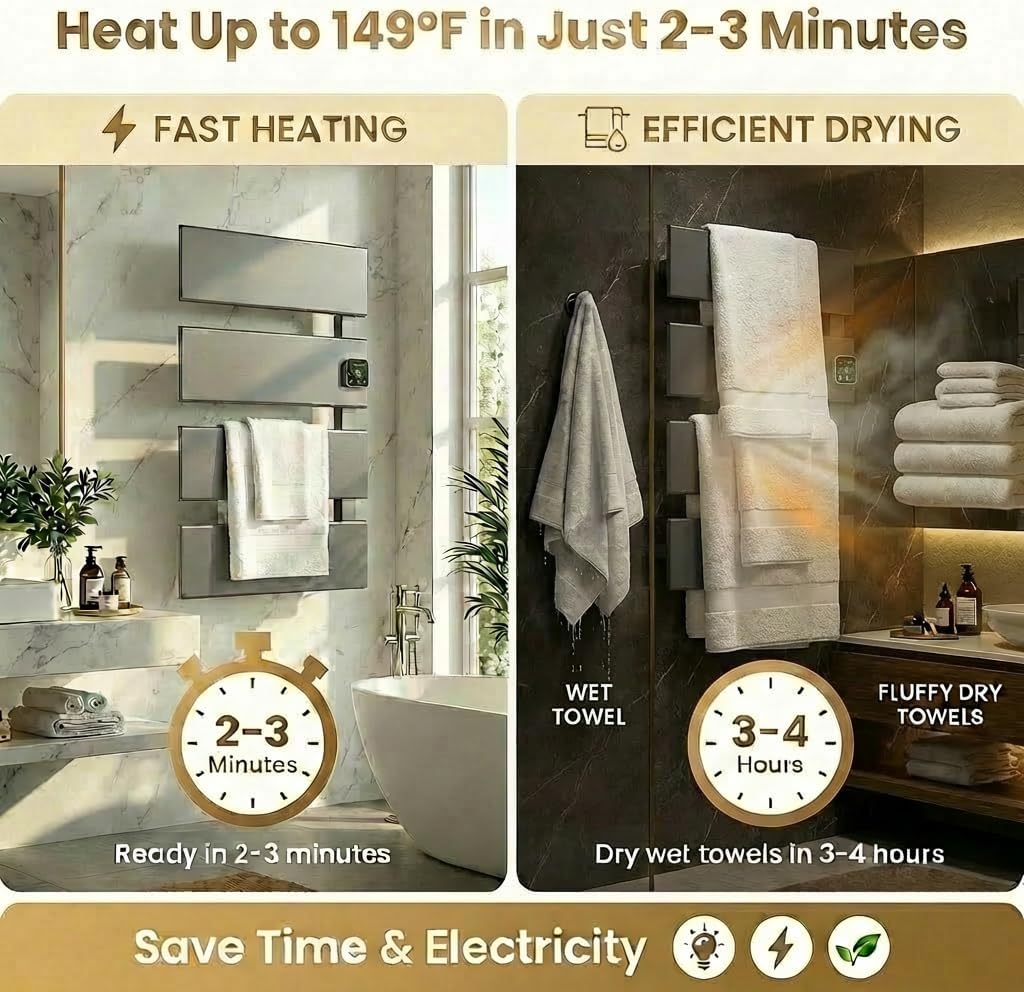 Electric Towel Warmer, Heated Towel Rack with Thermo Control and Timer, Fast Heating Towel Rail for Bathroom with Memroy Function, Work with Smart Plug, Right-Wiring, 4 Panel, Gun Gray