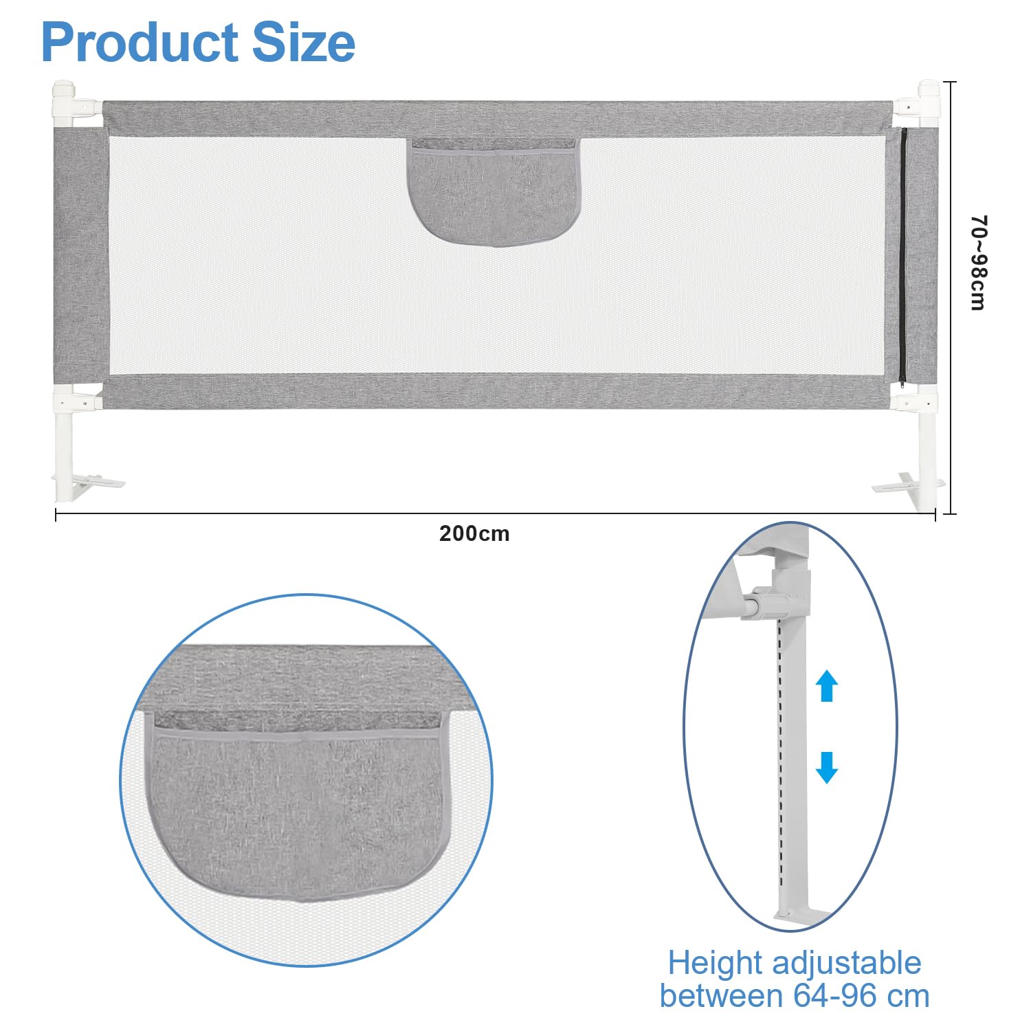 Griglia per letto 200 cm, protezione da cadute regolabile in altezza, 64 – 96 cm, con rete traspirante per bambini e letti dei genitori, stabile, colore: grigio