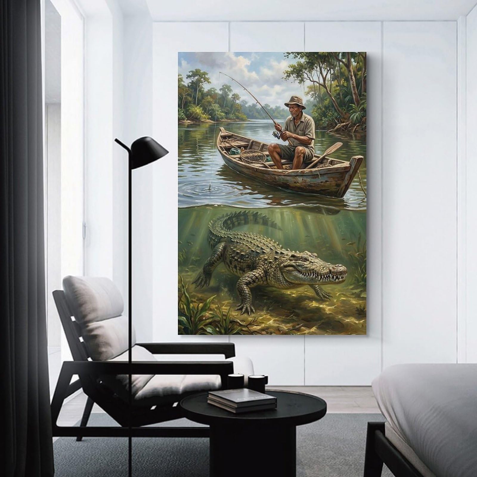Junmoney Unframe-Style-7 Decorative Wall Artwork Fisherman And Crocodile In River, 24X36inch(60X90cm), For Contemporary Homes, Apartments Or Offices, An Easy Choice For New Home Styling