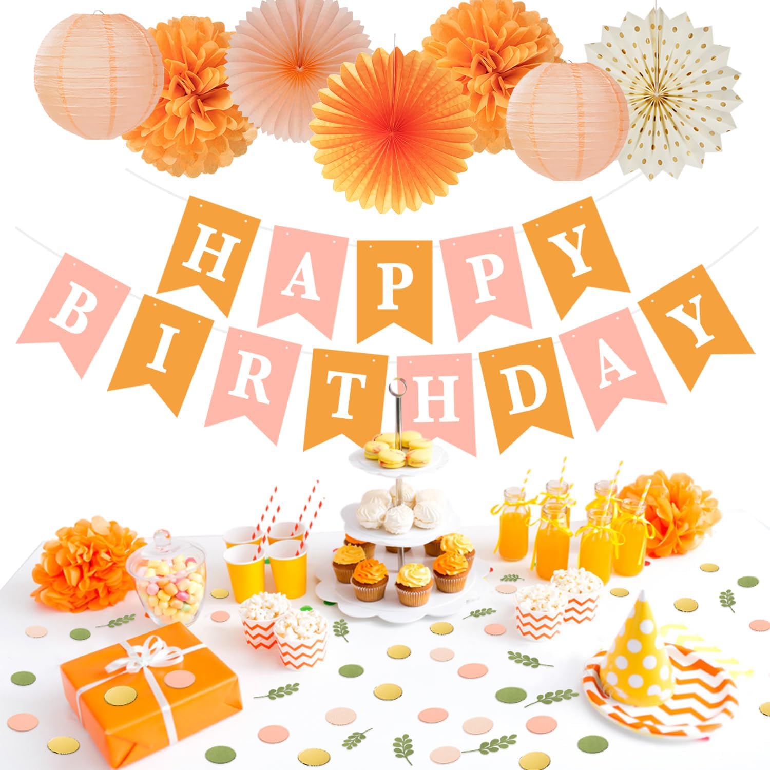 Orange Beige-Peach Fall-Boho Birthday Party-Decorations - 19pcs Neutral Women Girls Streamers Banner,Paper Star Garland Lanterns Honeycomb Fan,Tissue Pom Poms,Wall Ceiling Backdrop Supplies Ouruola