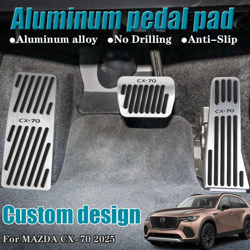 LEXLEY 3PCS Anti-Slip Aluminum Brake Gas Dead Pedal Pads,Auto No Drilling Accelerator Pedal Covers Only for Mazda 2025 CX-70-SLIVER