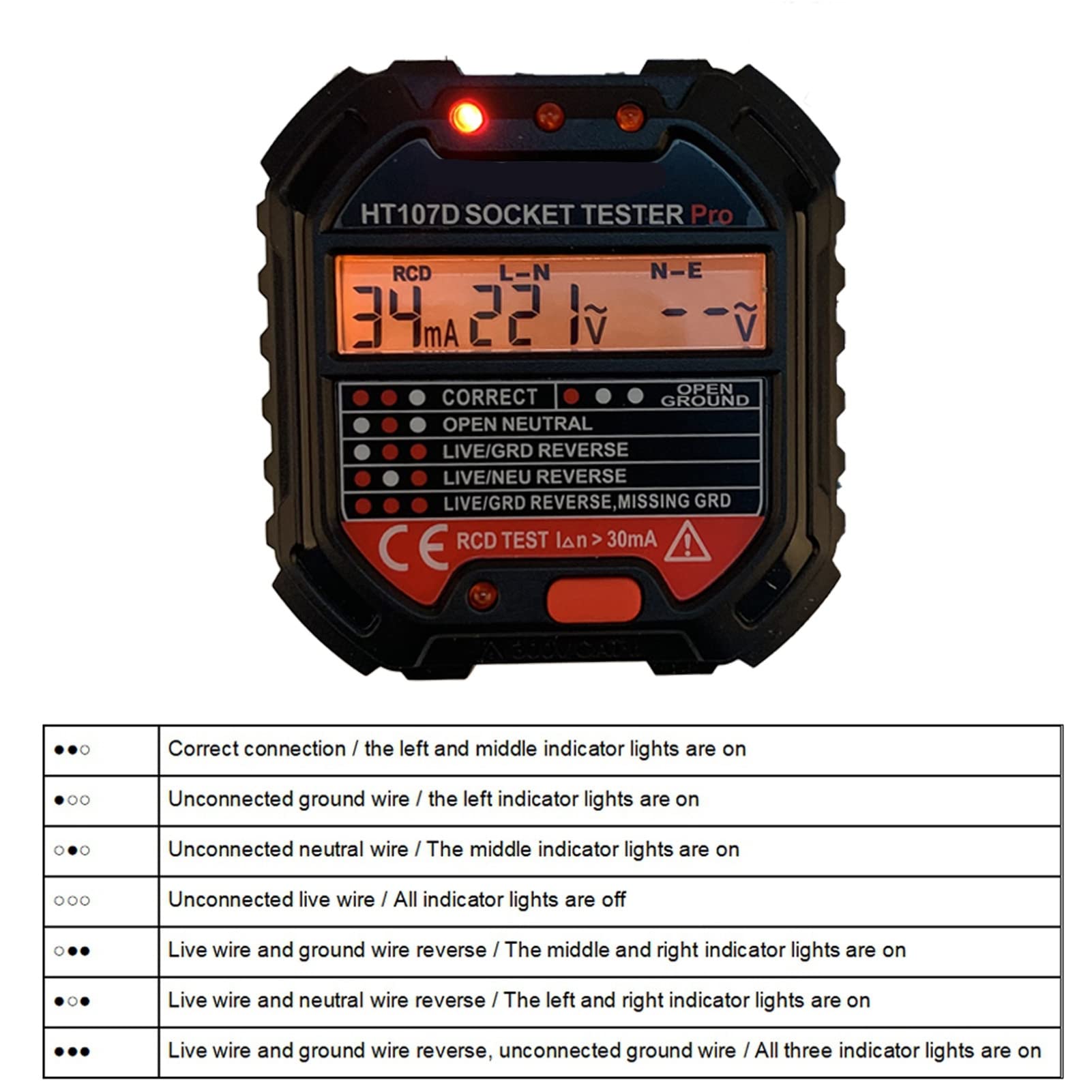 Prise de Testeur de Terre, Prise Secteur à Affichage Numérique LCD HT107D avec Compteurs de Résistance à la Terre, Outil de Vérification des Défauts, électroscope de Détection EU