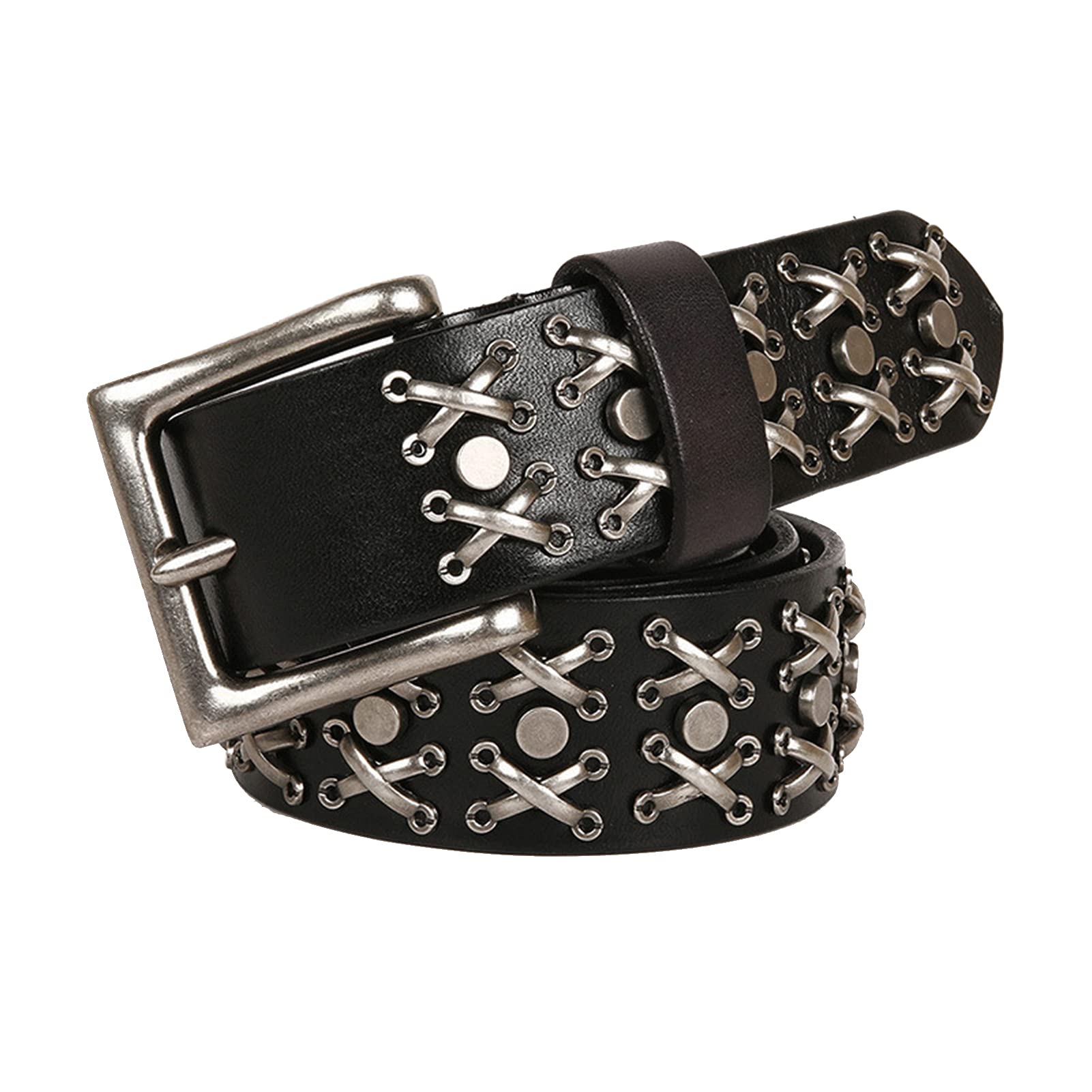 OBASDFD Three Row Punk Rock Rivet Leather Belt, Bright Metal Silver Cross & Circle Studded, Personalized Waistband For Jeans Hip Hop(Black,105cm/waist:34"~36")