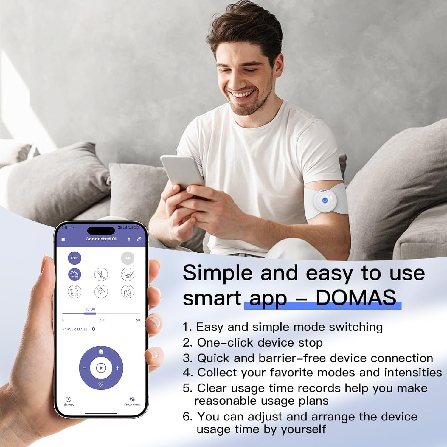 wireless tens & ems unit back pain relief massager - app controlled bluetooth ems muscle stimulator machine for back shoulder leg neck pain relief