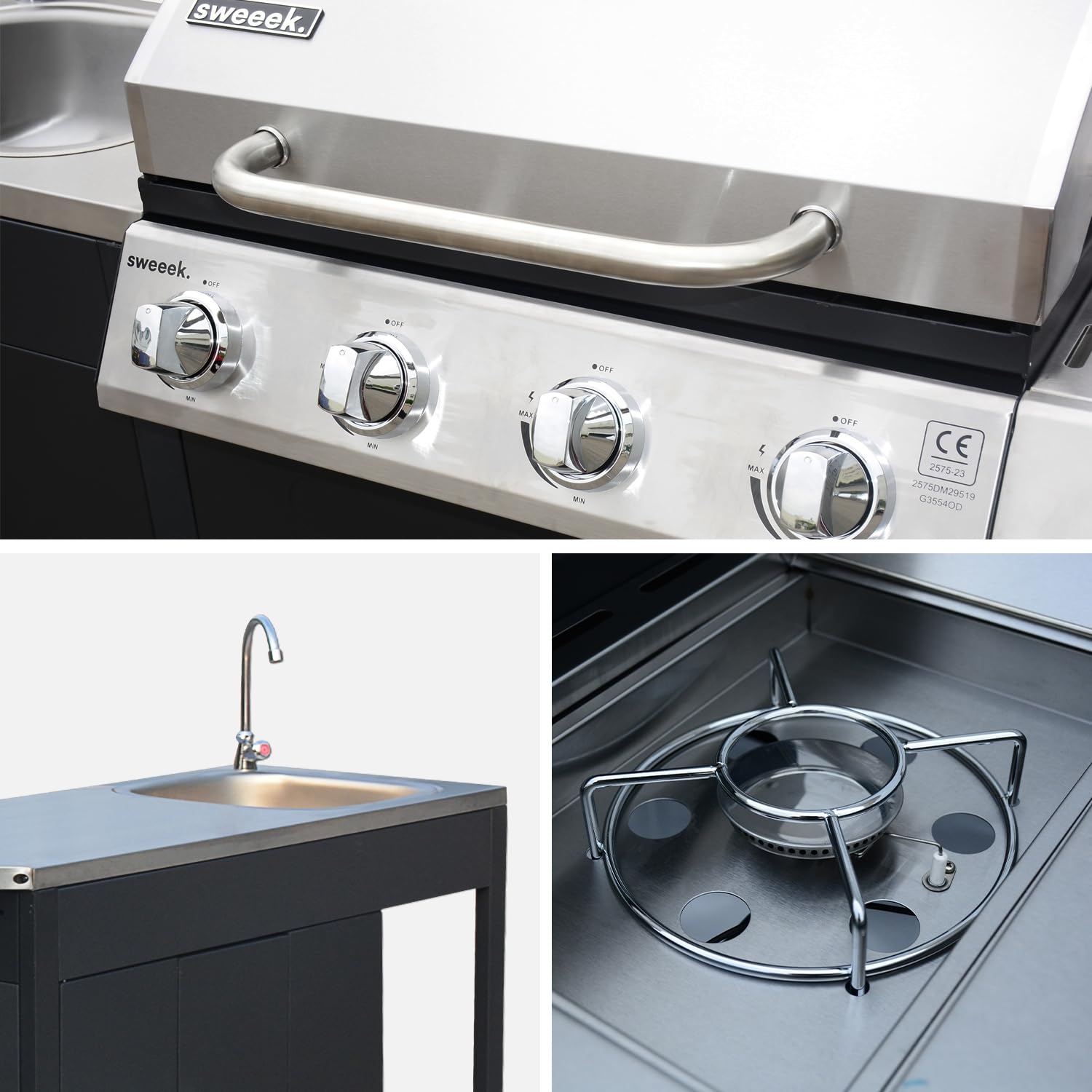 Modulo cucina da esterno con barbecue a 4 bruciatori, fuoco laterale, lavello e porta utensili Nero 247x187x112 cm