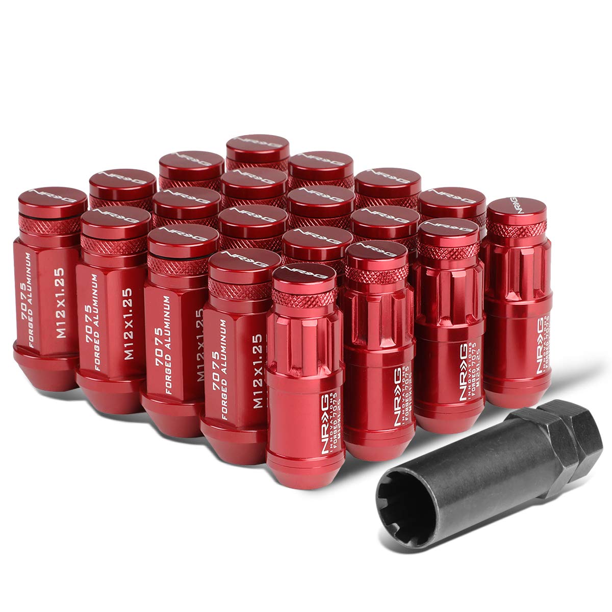 NRG Innovations Reinforced NRG-LN-710RD-21 Red 20 Pcs M12*1.25 Extended Removable Cap Lug Nuts w/Wheel Lock Key