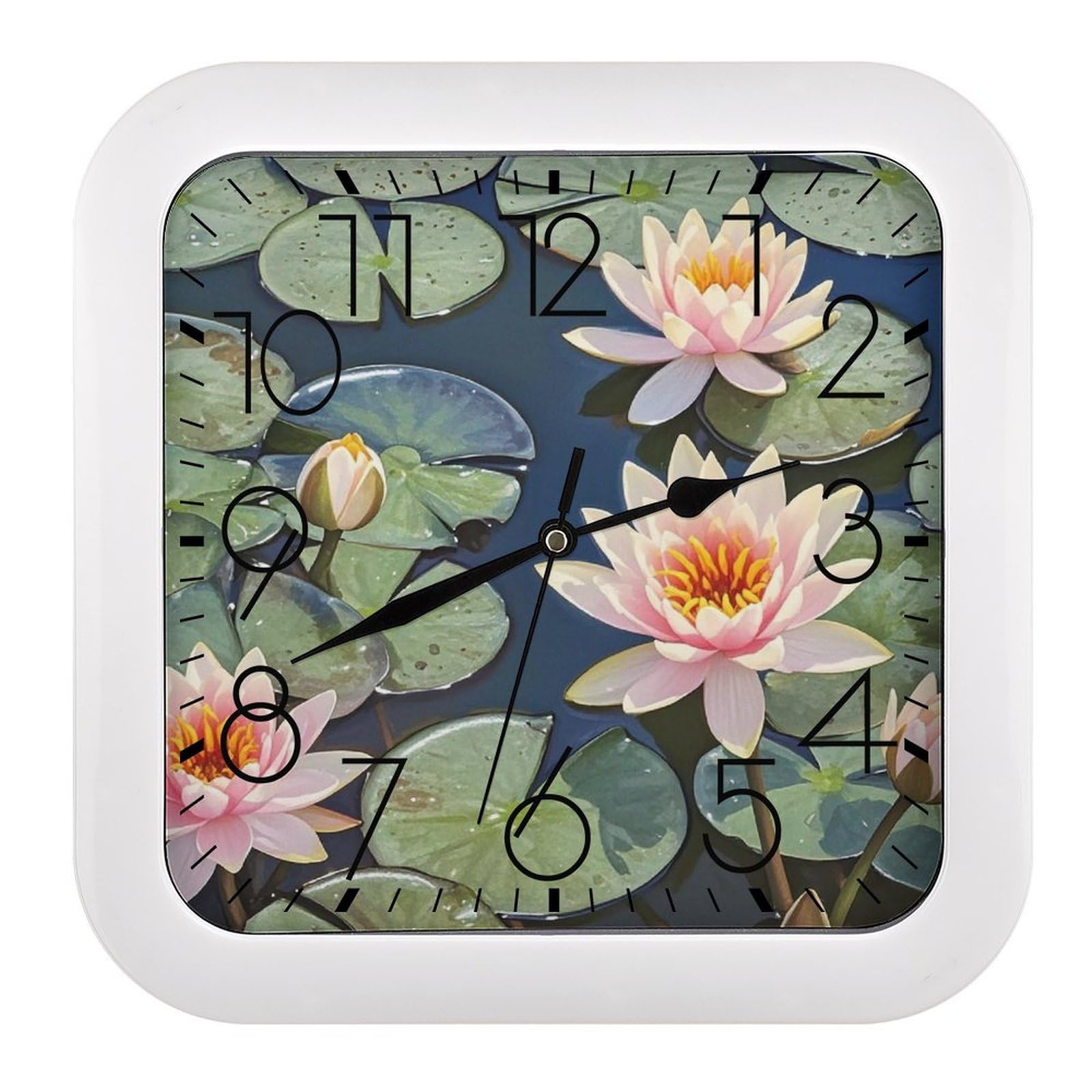 Horloge murale carrée aux nénuphars silencieuse et moderne pour salon