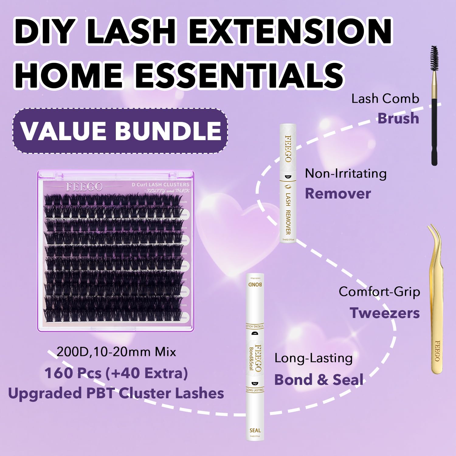 FEEGO Lash Extension Kit 100D/ 200D Fluffy 10-20MM D Curl Lash Clusters Eyelash 160pcs Extension Kit Individual Lashes with Lash Bond and Seal Lash Remover Lash (100D LASH KIT)